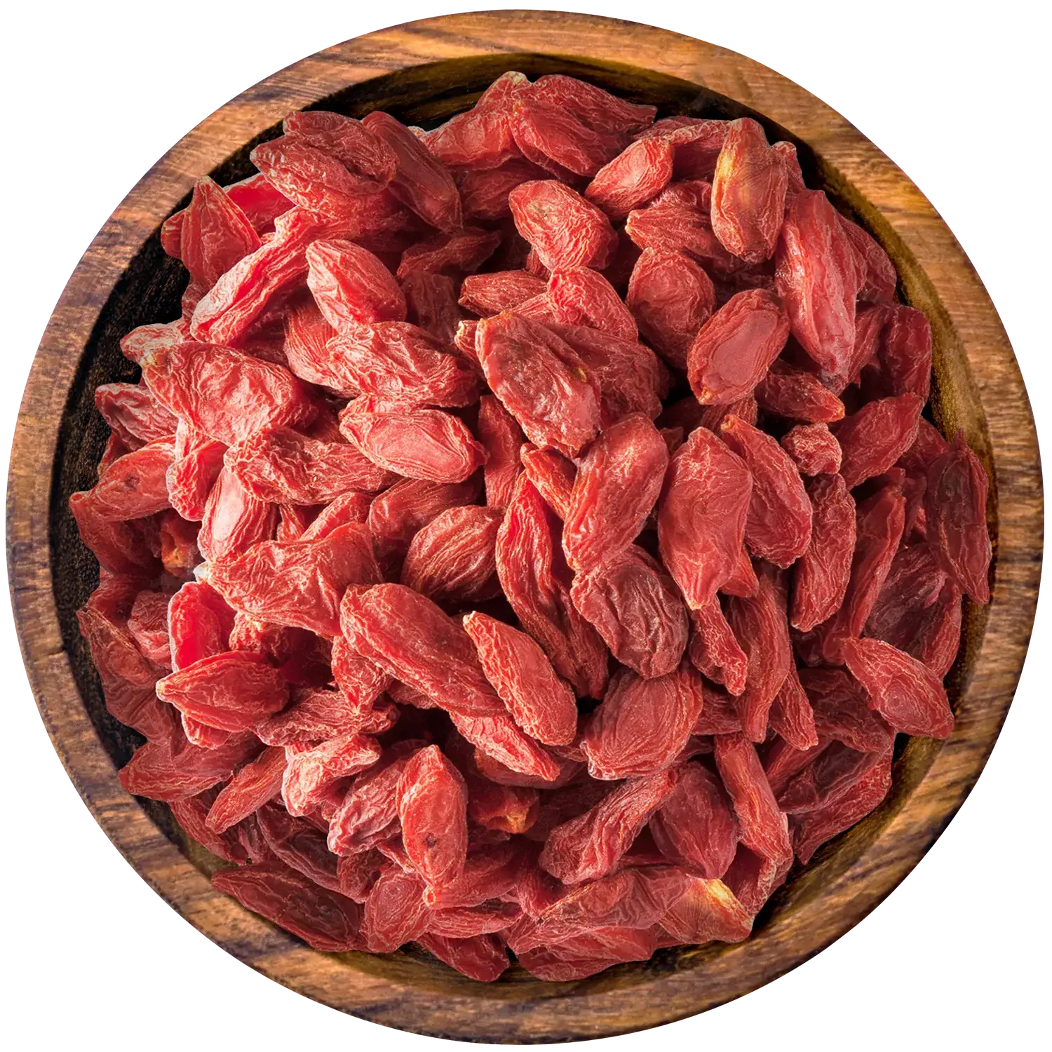 Goji Beeren, getrocknet Vorderansicht eines Beutels mit getrockneten Goji-Beeren