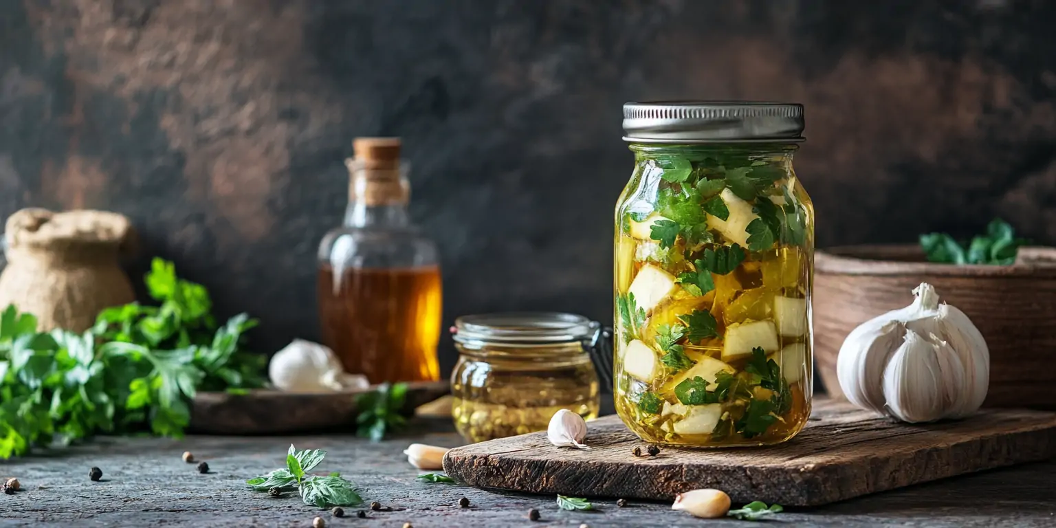 Knoblauch mit Petersilie und Pfeffer fermentiert im Einmachglas