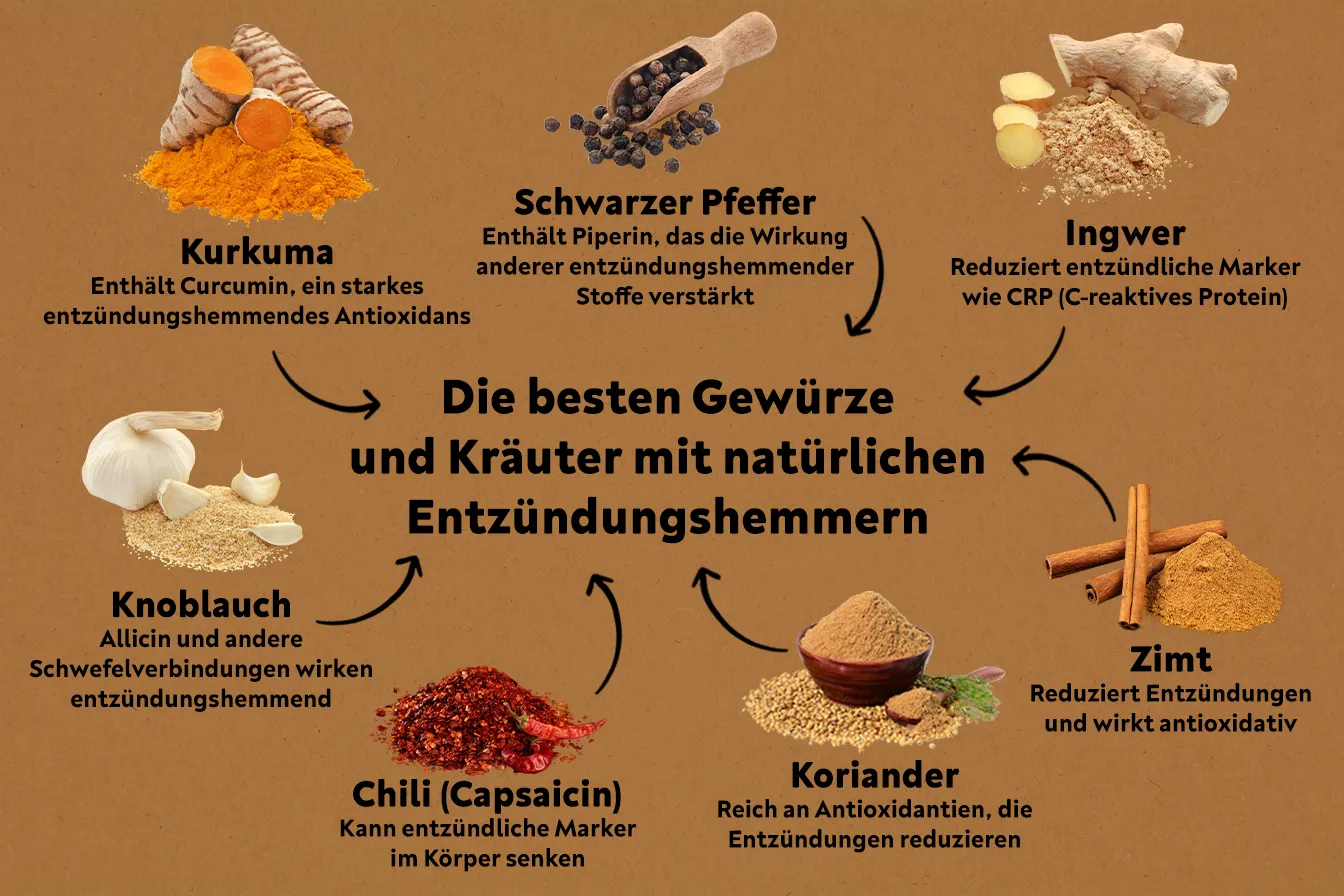 Gewürze und Kräuter als natürliche Entzündungshemmer dekorativ arrangiert