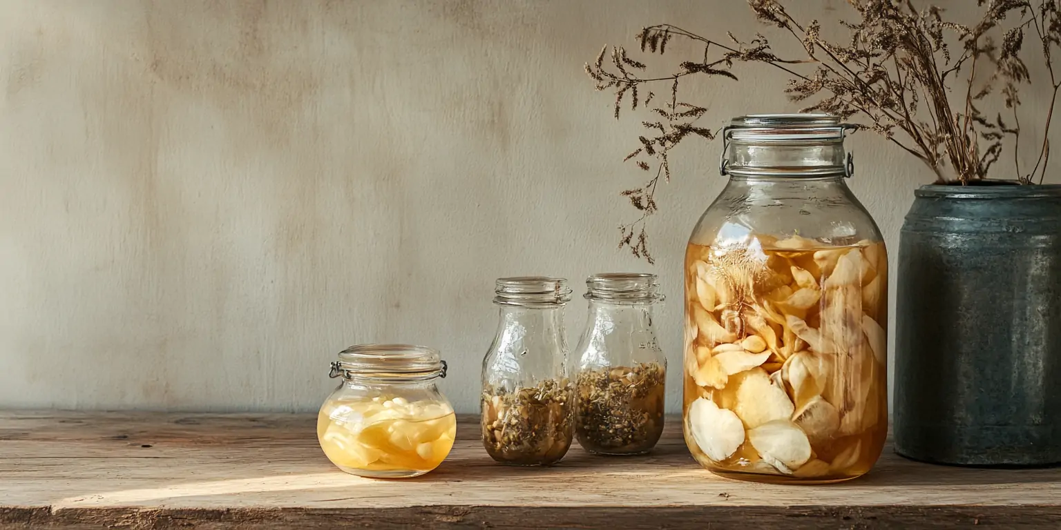 Fermentierter Knoblauch mit Gewürzen in einem Glas angerichtet