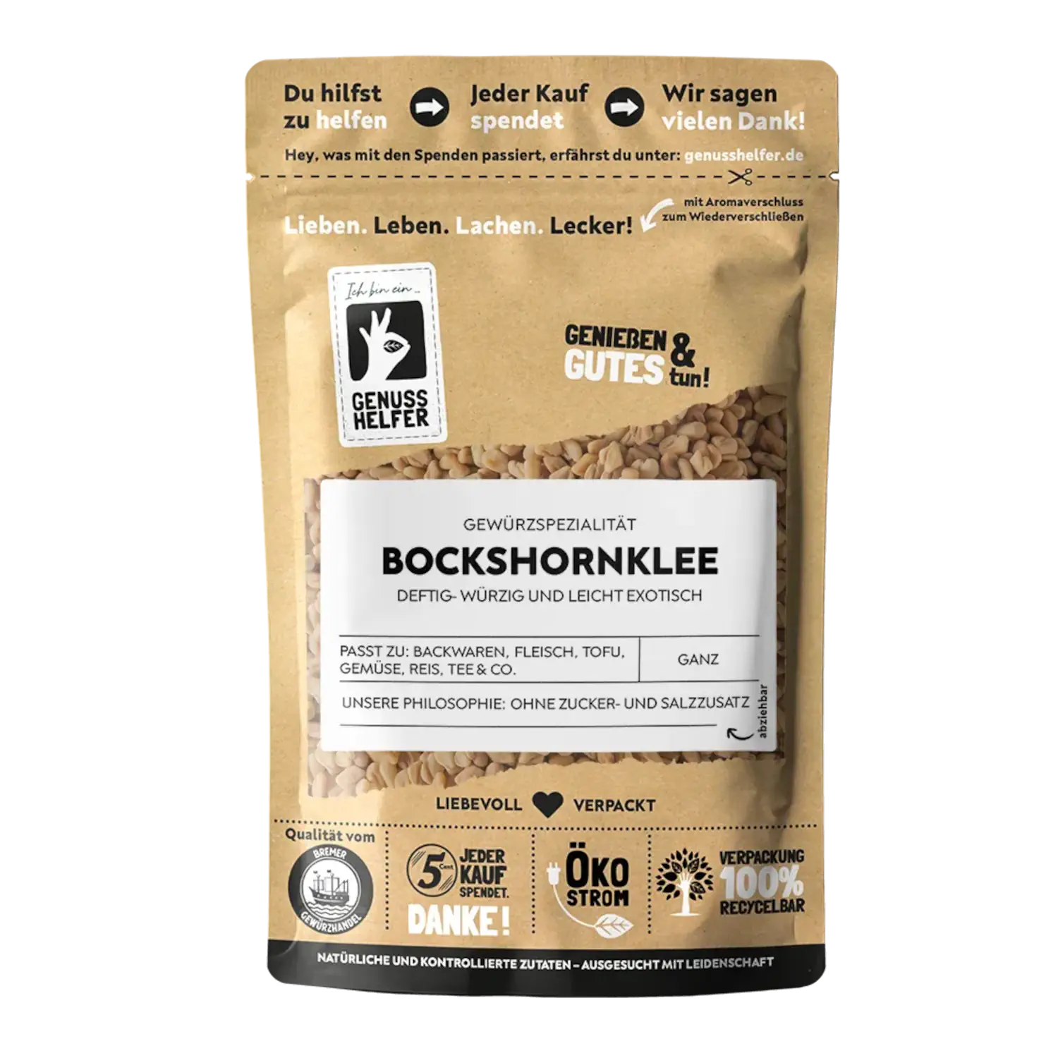 Bockshornklee, ganz Vorderansicht eines Beutels mit ganzem Bockshornklee