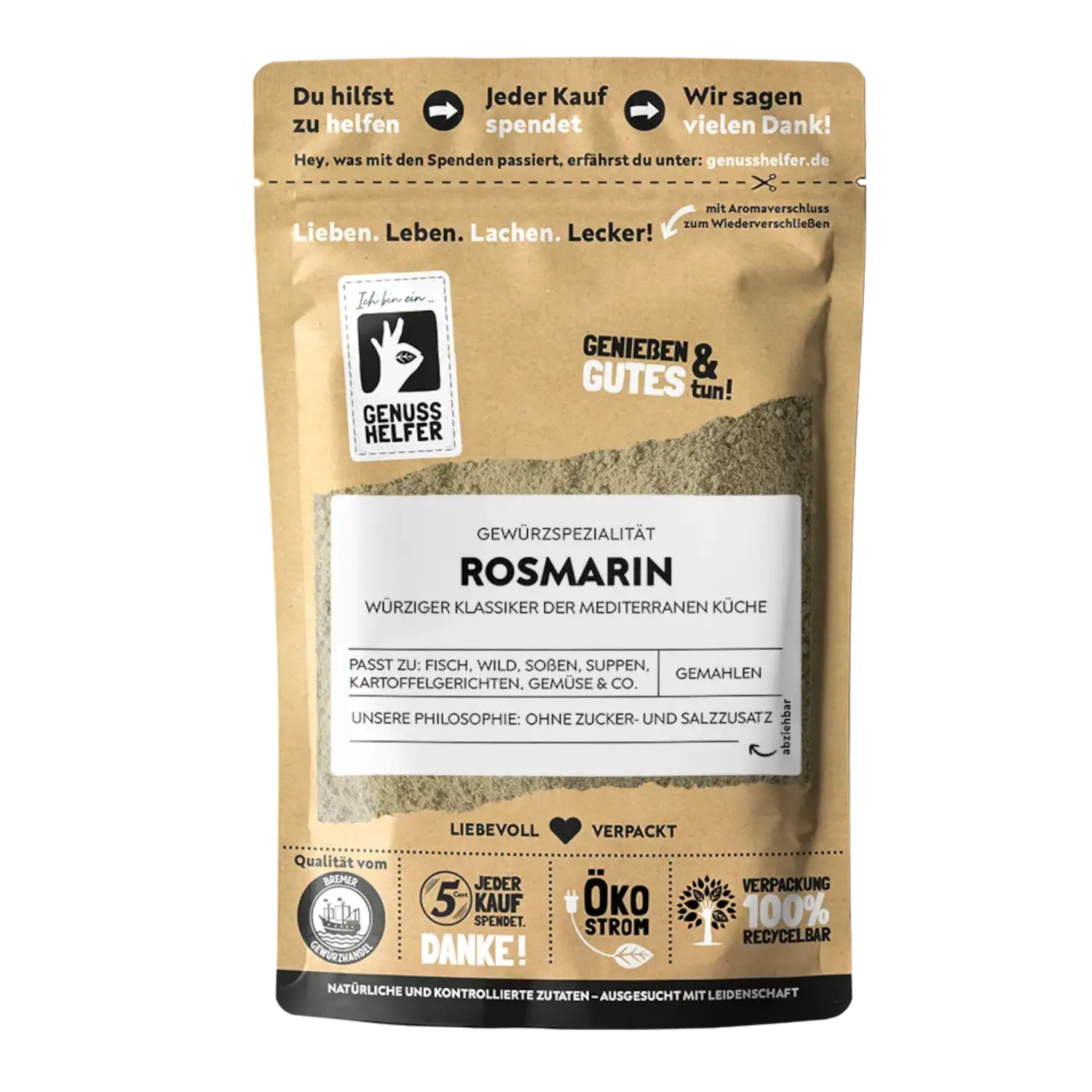 Rosmarin, gemahlen Vorderansicht eines Beutels mit gemahlenem Rosmarin