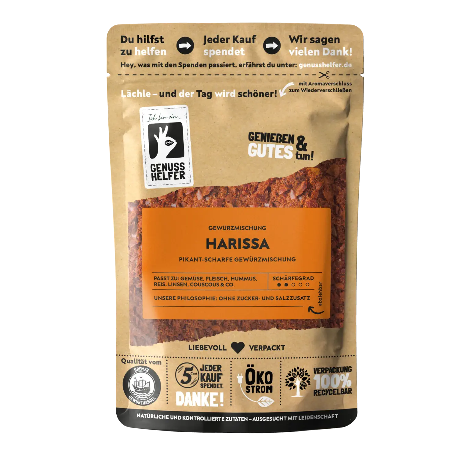 Vorderansicht eines Beutels mit geschrotetem Harissa