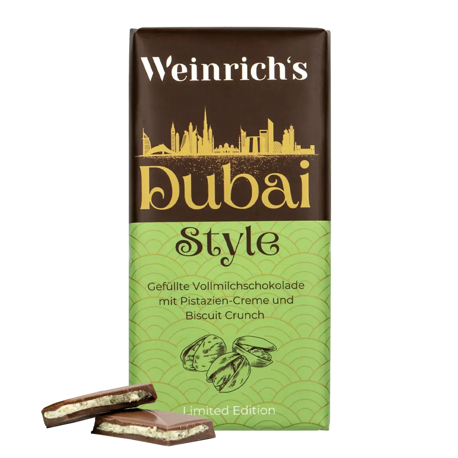 Weinrich's Schokolade "Dubai Style" Tafel Vollmilchschokolade mit Pistazienfüllung im Dubai-Style