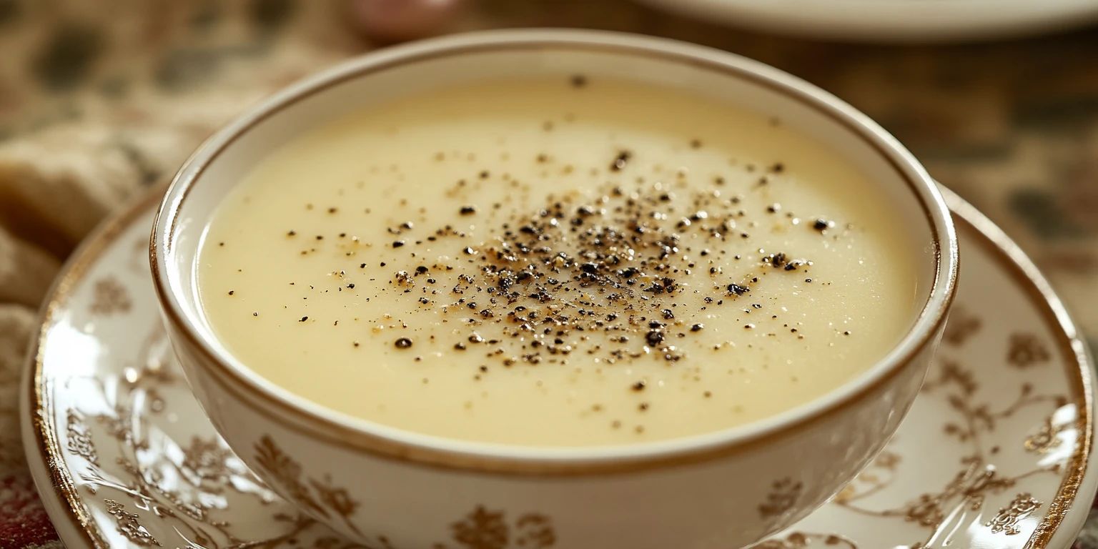 Knoblauchsuppe mit gemahlenem schwarzem Pfeffer serviert