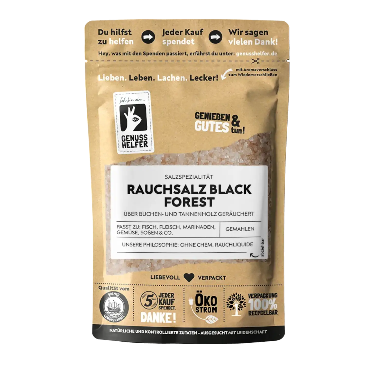 Rauchsalz Black Forest, Buche/Tanne Vorderansicht eines Beutels mit Rauchsalz „Black Forest“