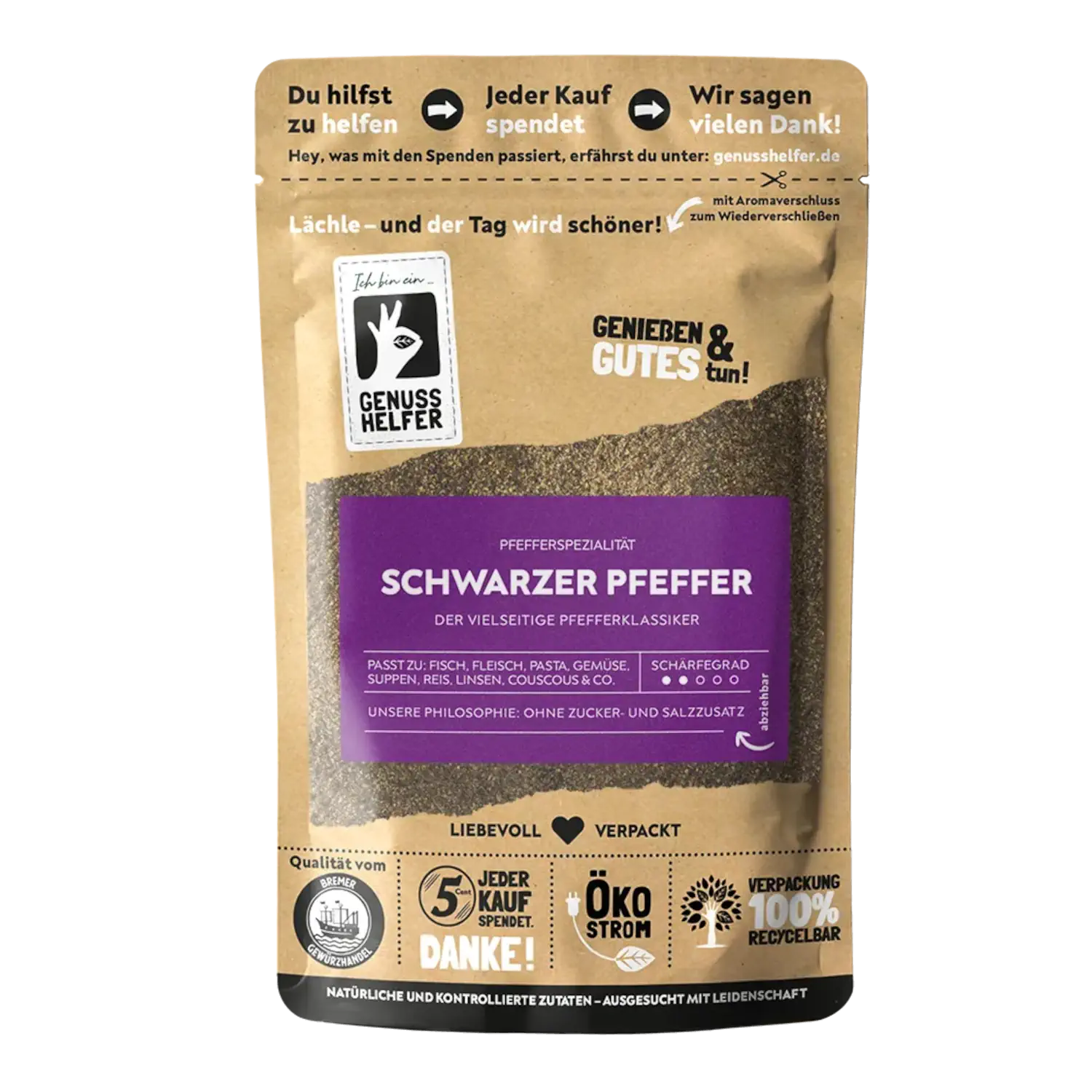 Pfeffer schwarz, gemahlen Vorderansicht eines Beutels mit gemahlenem schwarzen Sarawak-Pfeffer