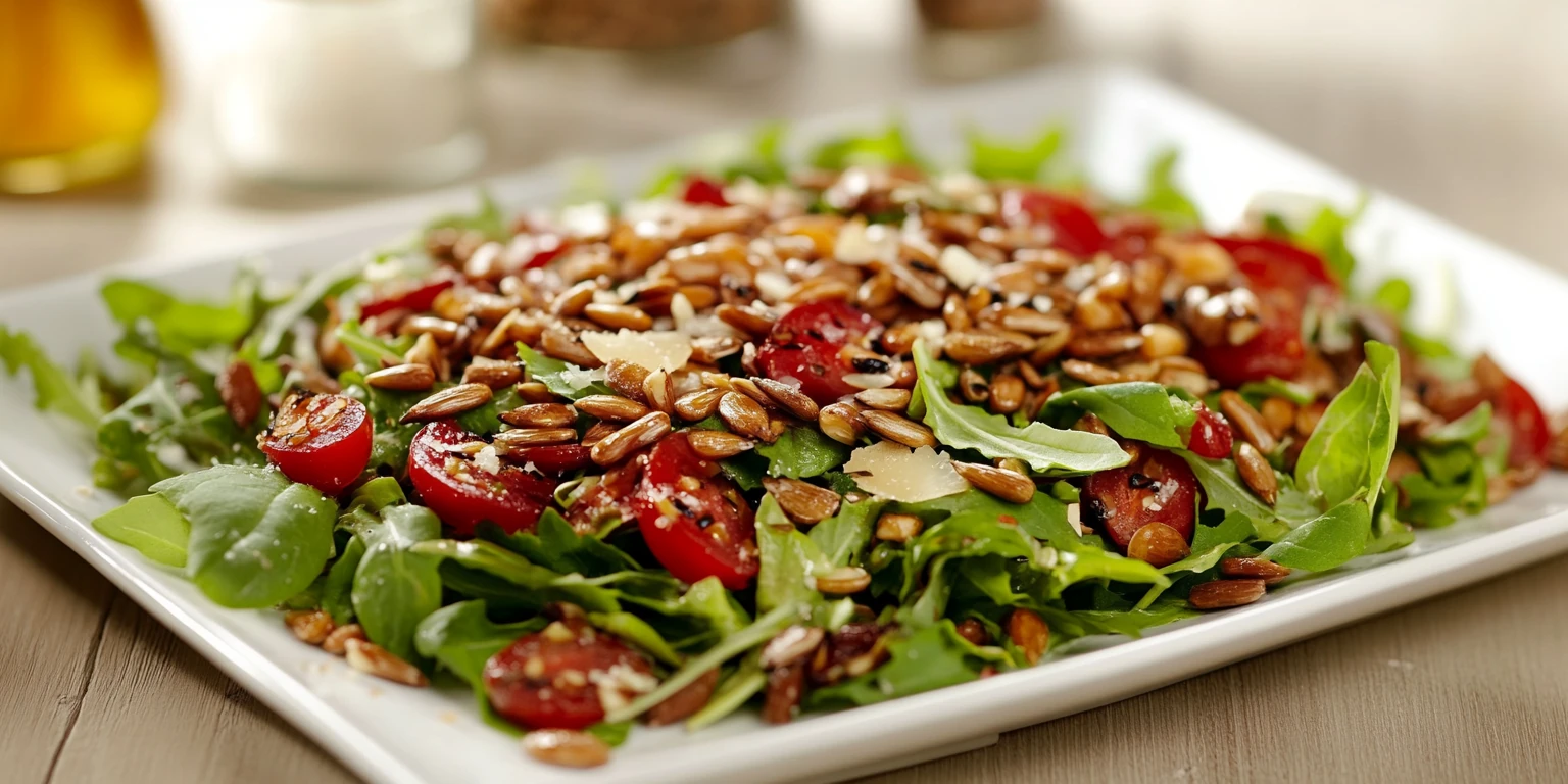 Salat mit Sonnenblumenkernen, Honig und Salz getoppt