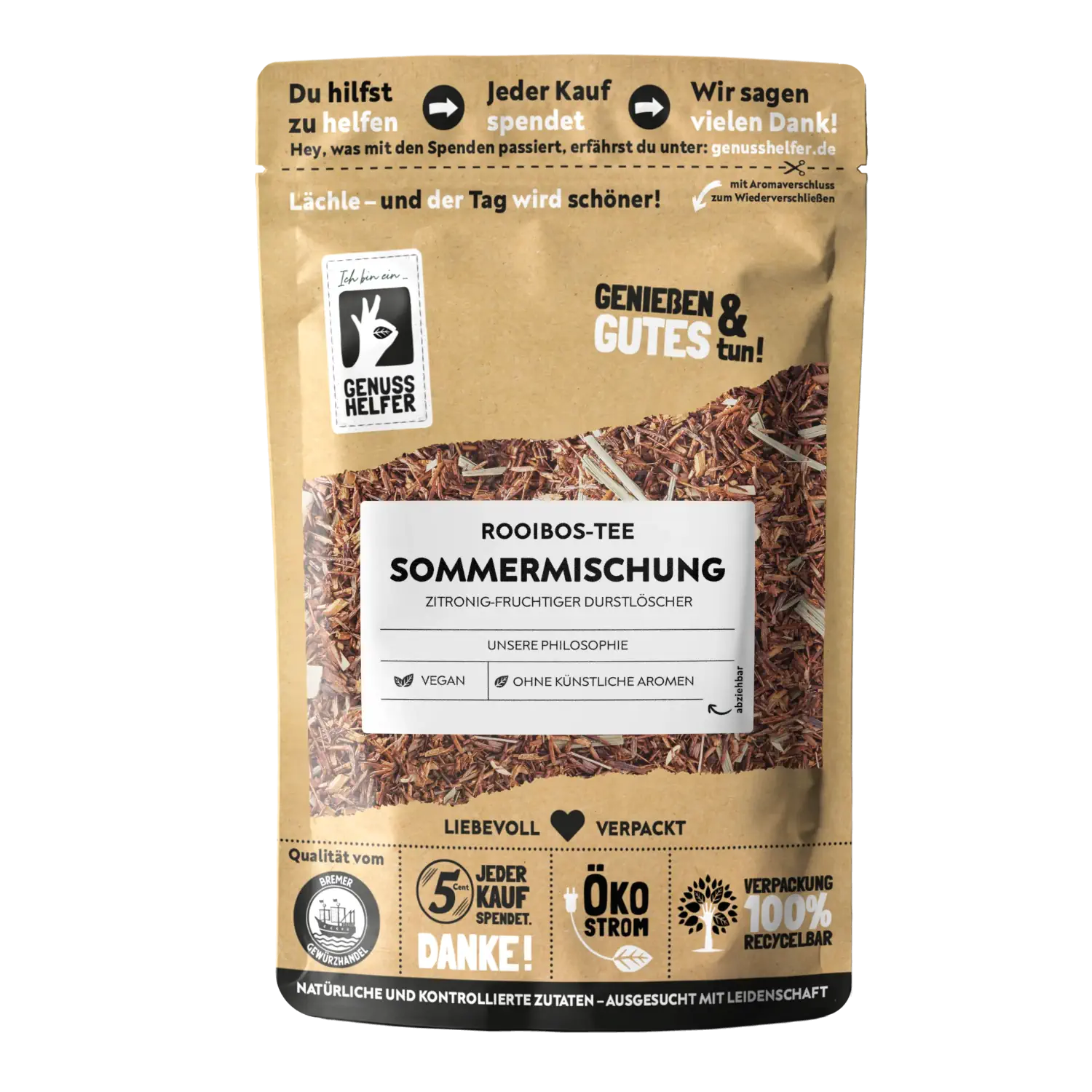 Rooibos Sommermischung Vorderansicht eines Beutels mit Rooibos-Tee Sommermischung