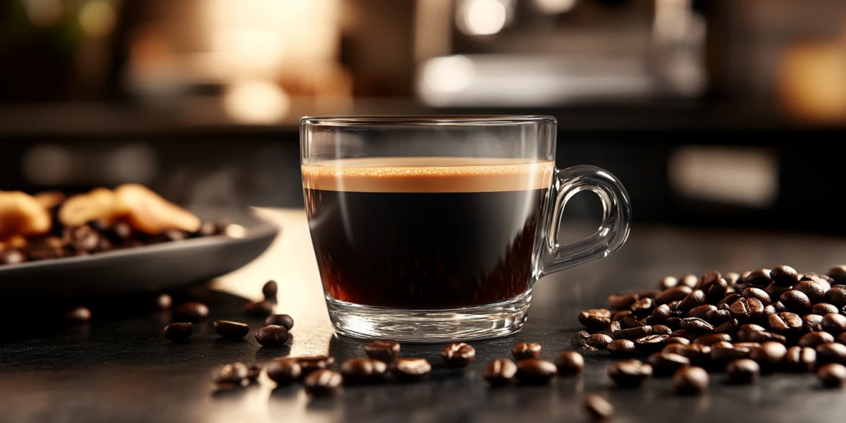 Espresso mit Kaffeebohnen und dunklem Kaffee-Charakter