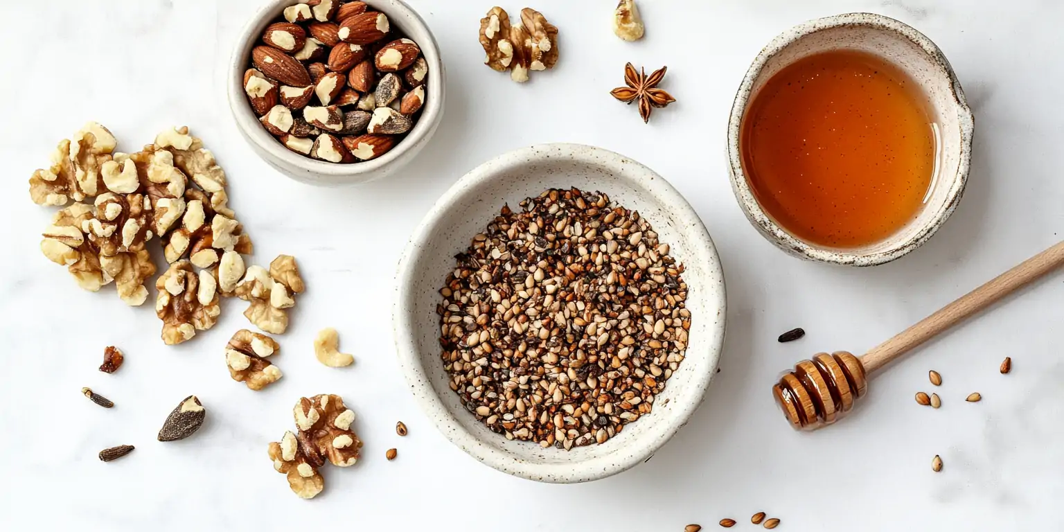 Nüsse und Samen werden mit Honig in einer Pfanne geröstet
