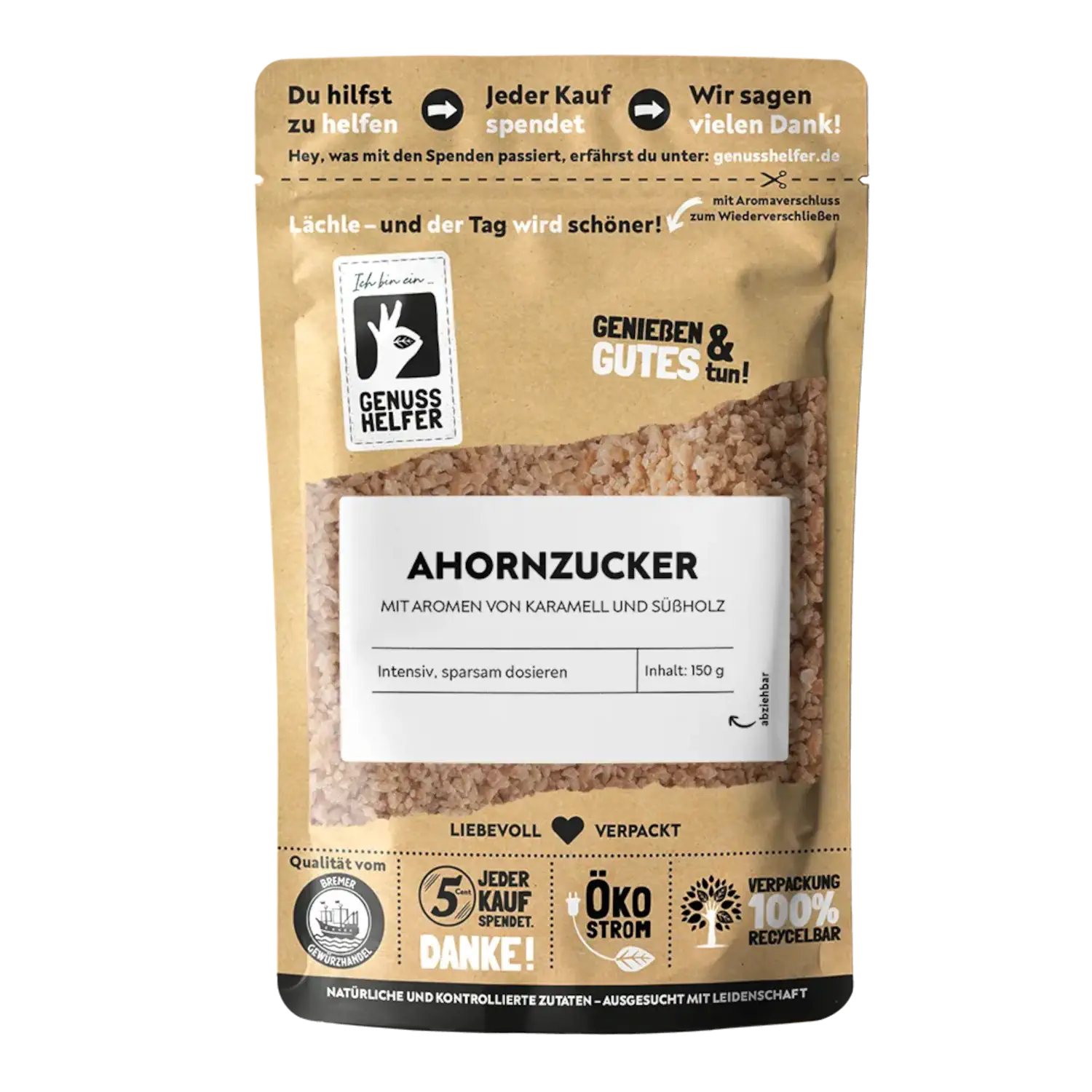 Ahornzucker Vorderansicht eines Beutels mit Ahornzucker
