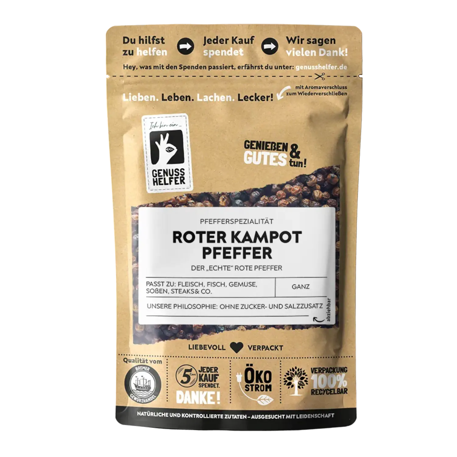 Kampot Pfeffer rot, ganz Vorderansicht eines Beutels mit ganzem rotem Kampot-Pfeffer