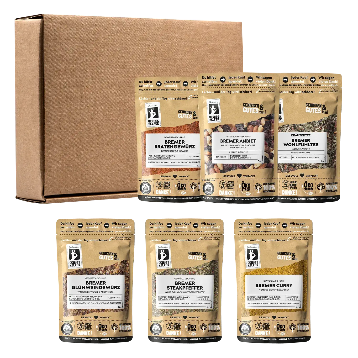 Genuss-Box - Bremen, 6 Tlg. Ansicht der Genussbox „Bremen“ mit verschiedenen Artikeln und Verpackung