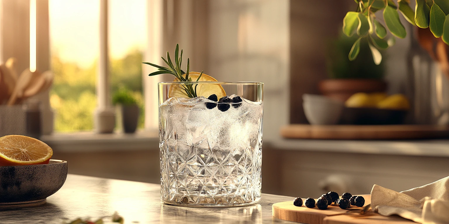 Gin Tonic mit ganzen Wacholderbeeren dekoriert