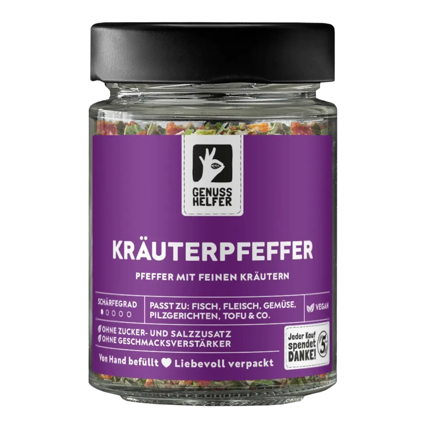 Vorderansicht eines Glases mit geschrotetem Kräuterpfeffer