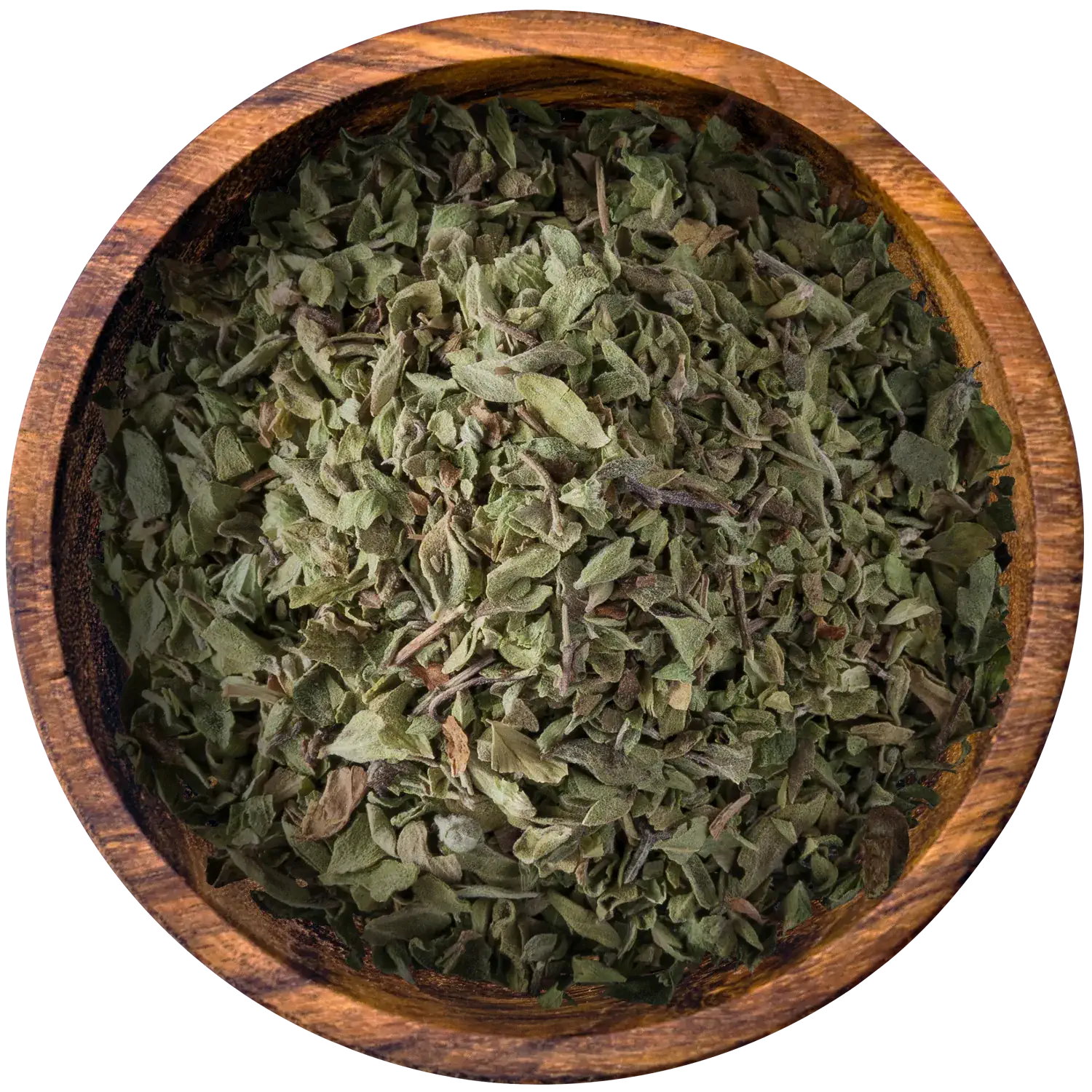 Gerebelter Oregano in einer Holzschale