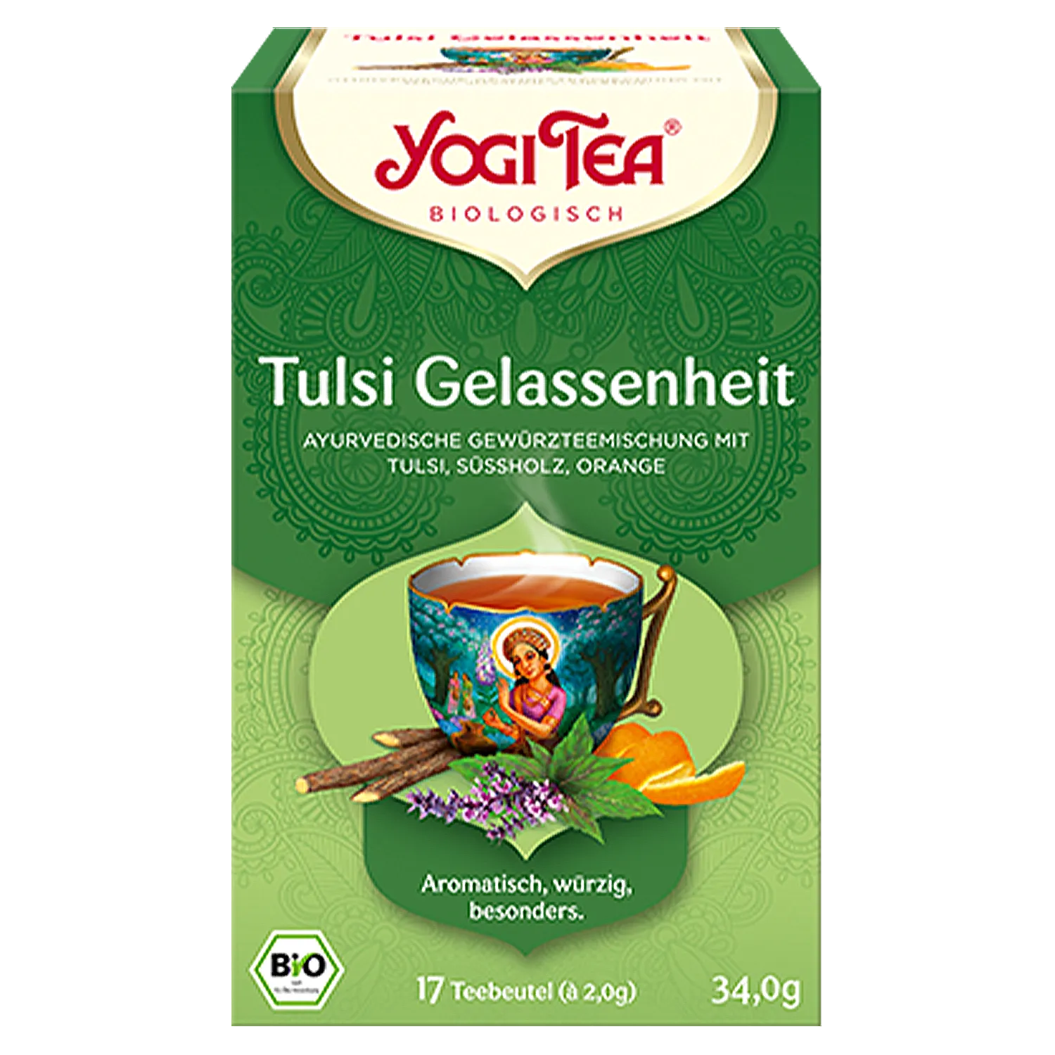 YOGI TEA® Tulsi Gelassenheit BIO Vorderansicht einer Pappschachtel mit Bio-Yogi-Tee „Tulsi Gelassenheit“