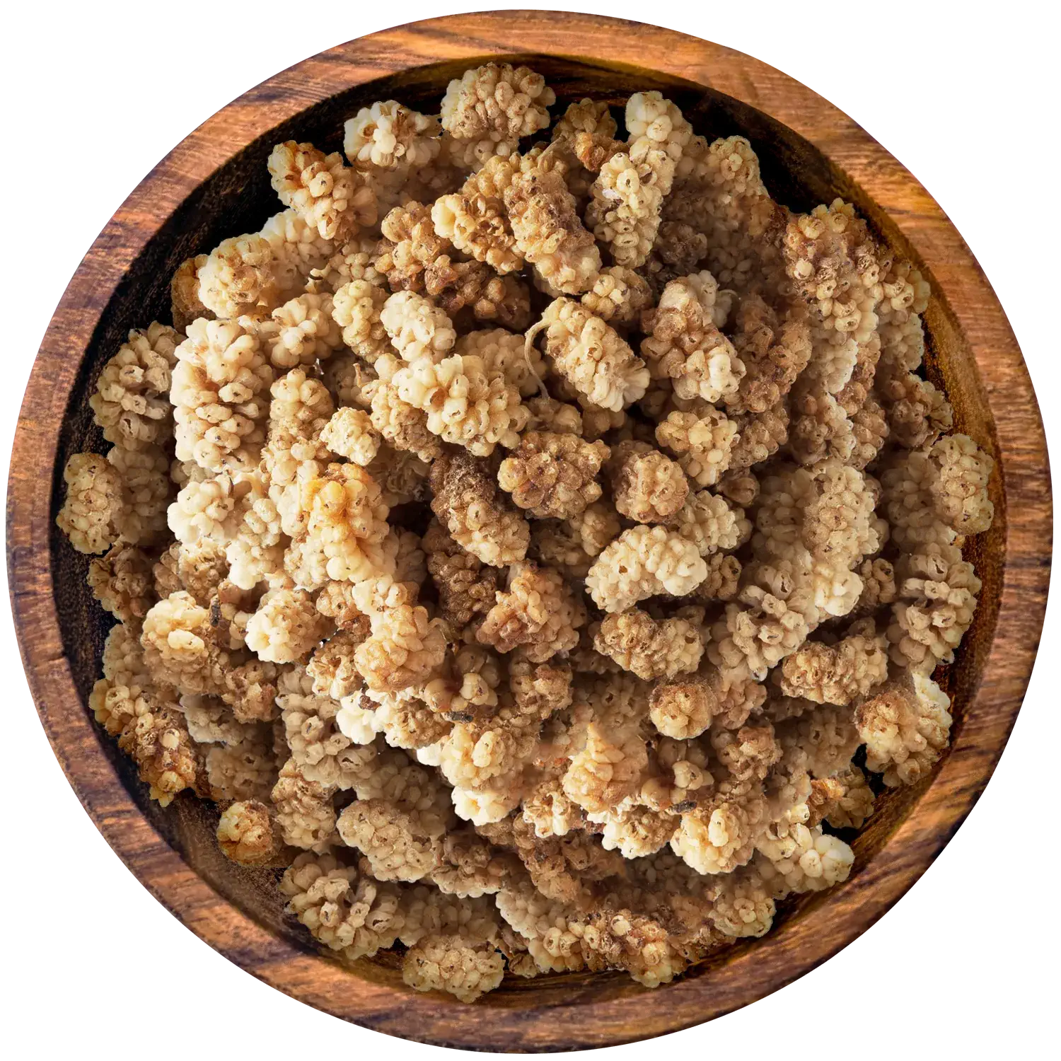 Maulbeeren, getrocknet Vorderansicht eines Beutels mit getrockneten Maulbeeren