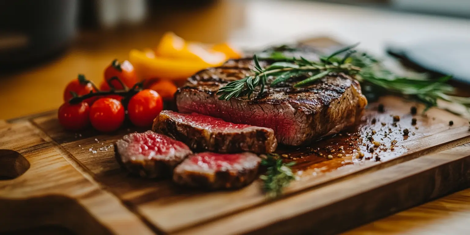 Steak auf einem Holzbrett mit Gewürzen verfeinert