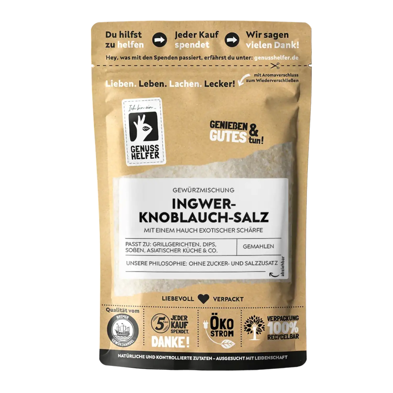 Ingwer Knoblauch Salz, Salzen DaLuxe Vorderansicht eines Beutels mit gemahlenem Ingwer-Knoblauch-Salz