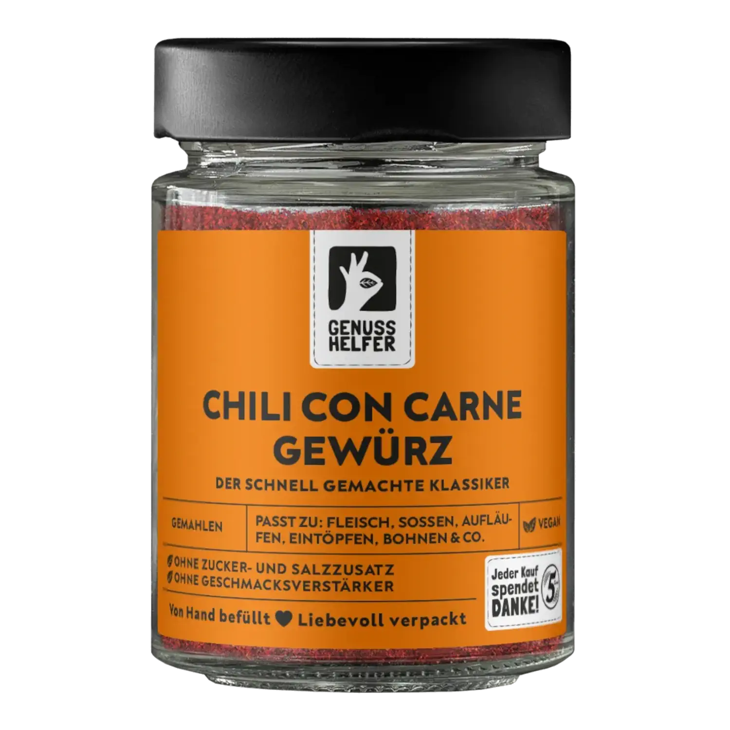 Vorderansicht eines Glases mit gemahlener Chili con Carne-Gewürzmischung
