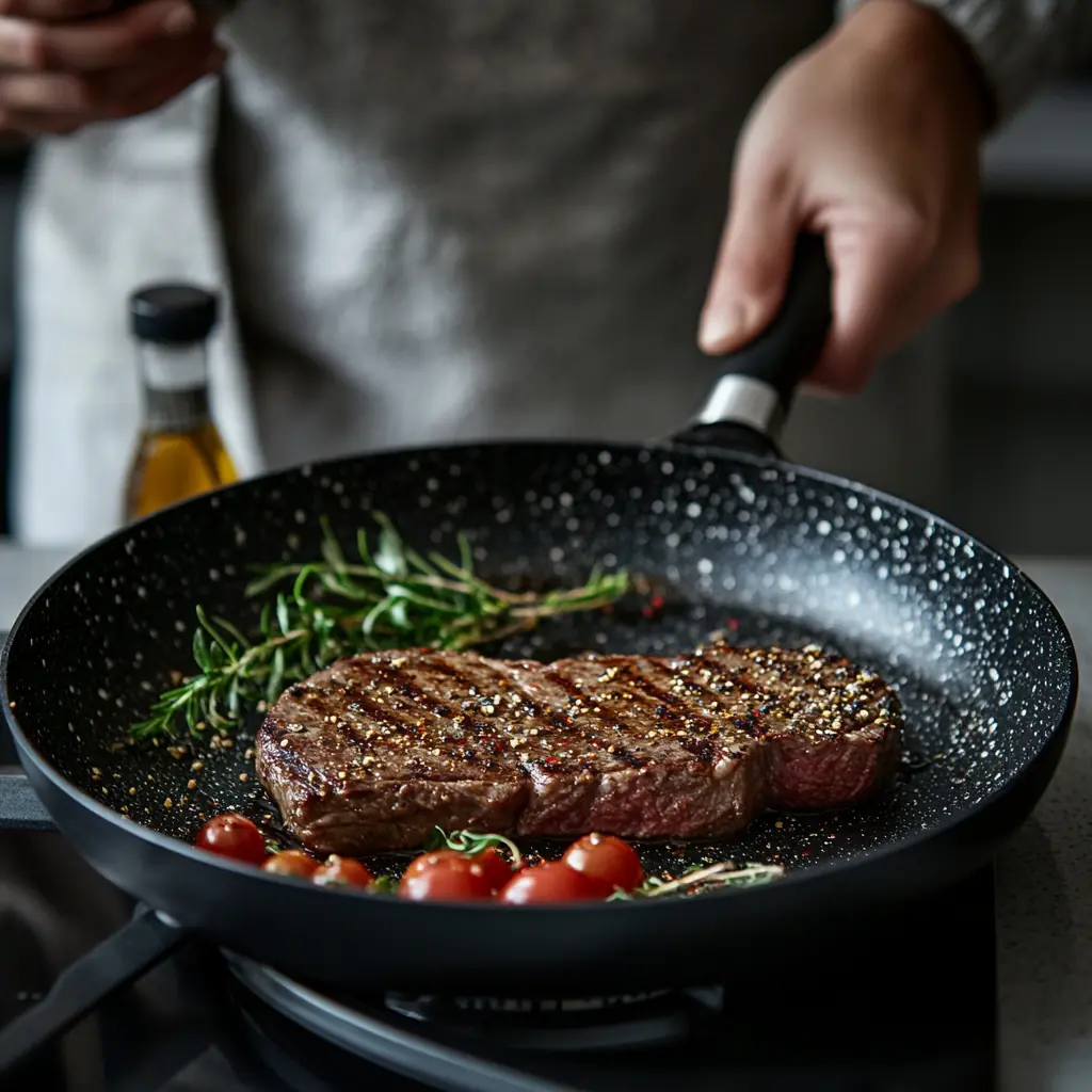 Hand würzt ein Steak in der Pfanne während des Bratens