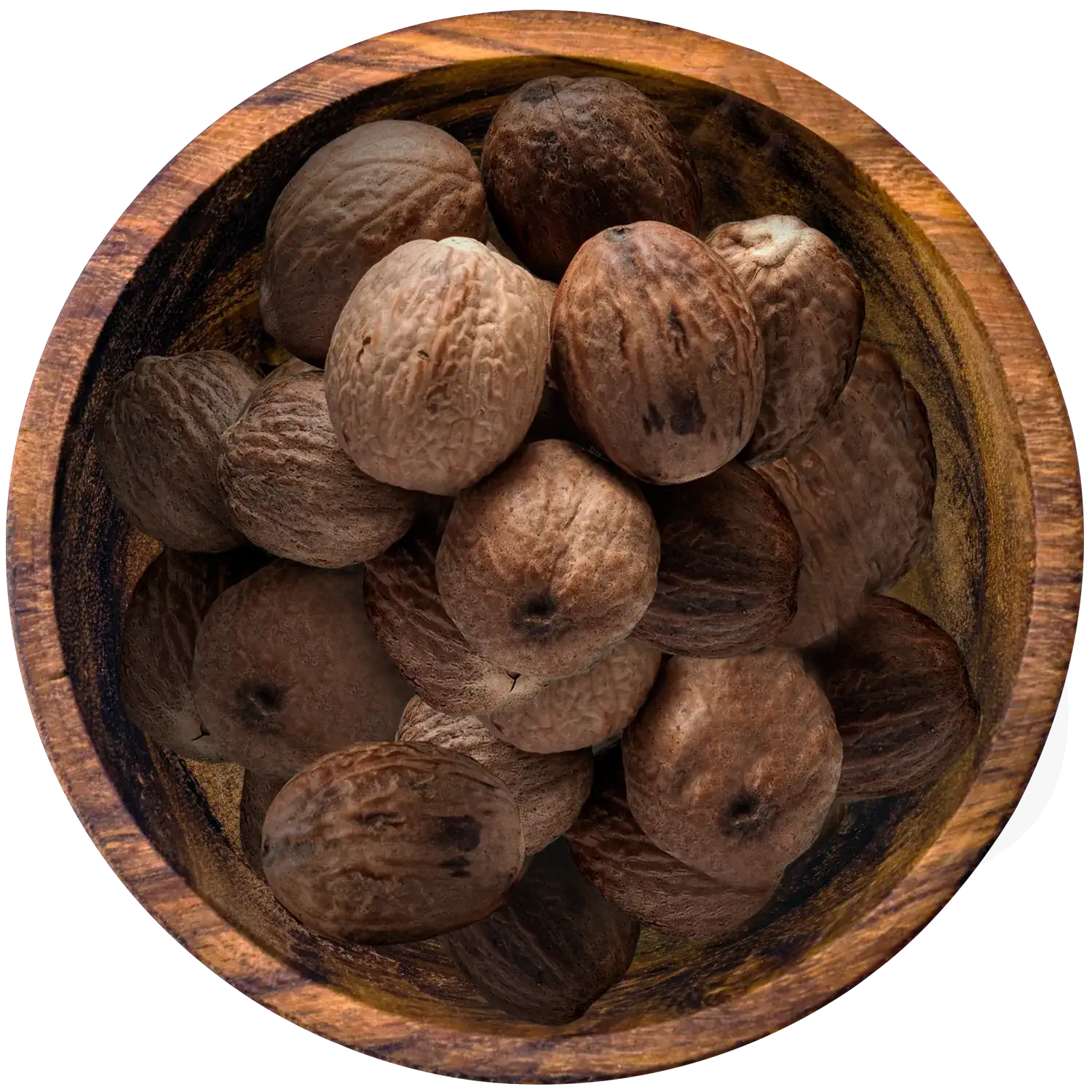 Muskatnuss, ganz Drei ganze Muskatnüsse in einer Holzschale