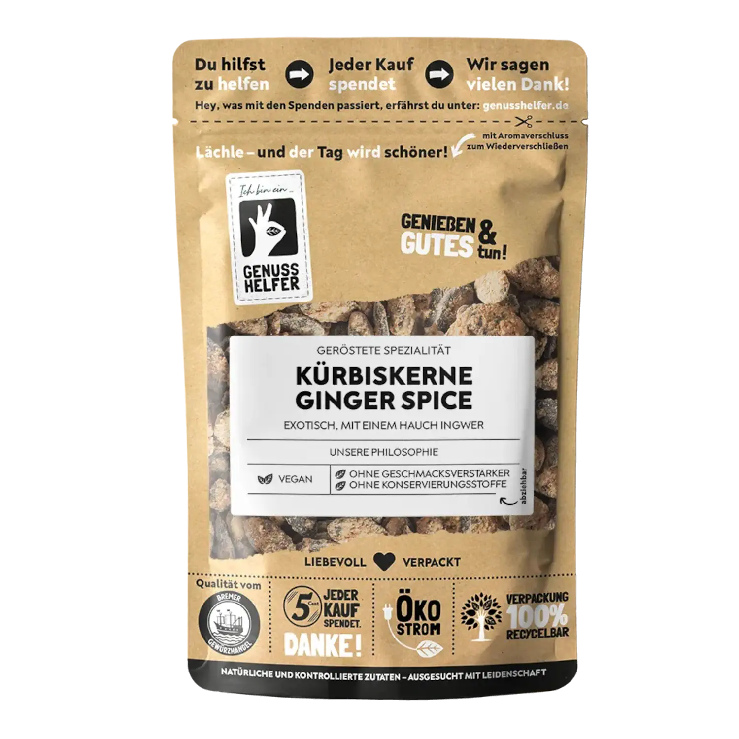 Kürbiskerne Ginger Spice, geröstet Vorderansicht eines Beutels mit gerösteten Kürbiskernen mit Ginger Spice