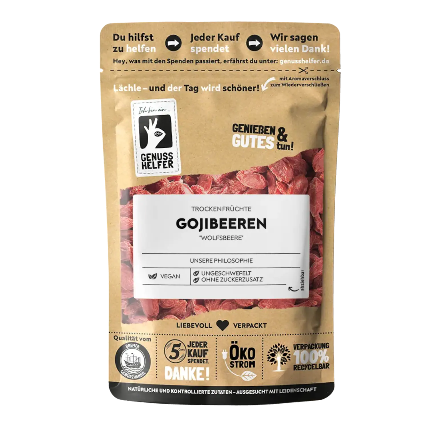 Goji Beeren, getrocknet Vorderansicht eines Beutels mit getrockneten Goji-Beeren