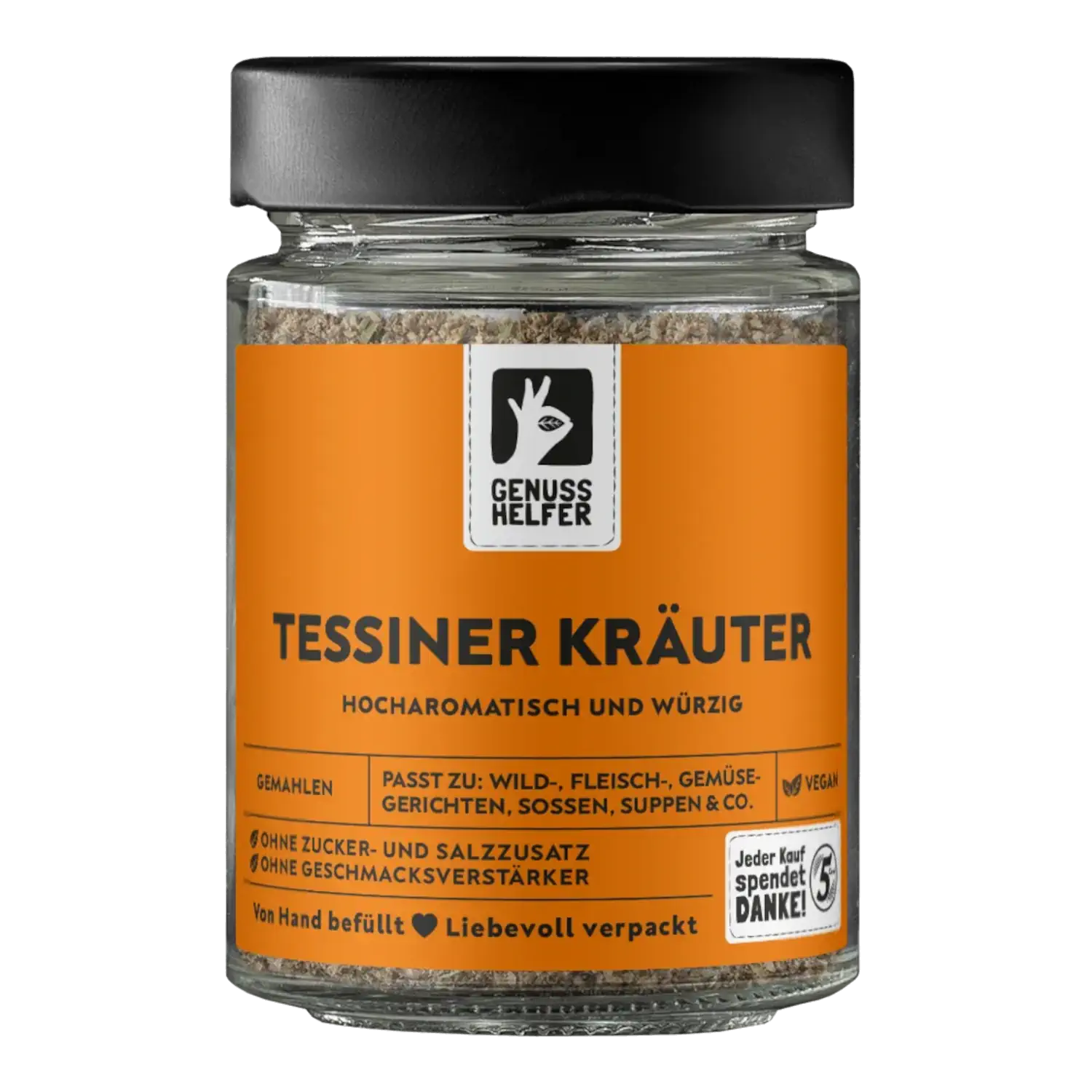 Vorderansicht eines Glases mit gemahlenen Tessiner Kräutern