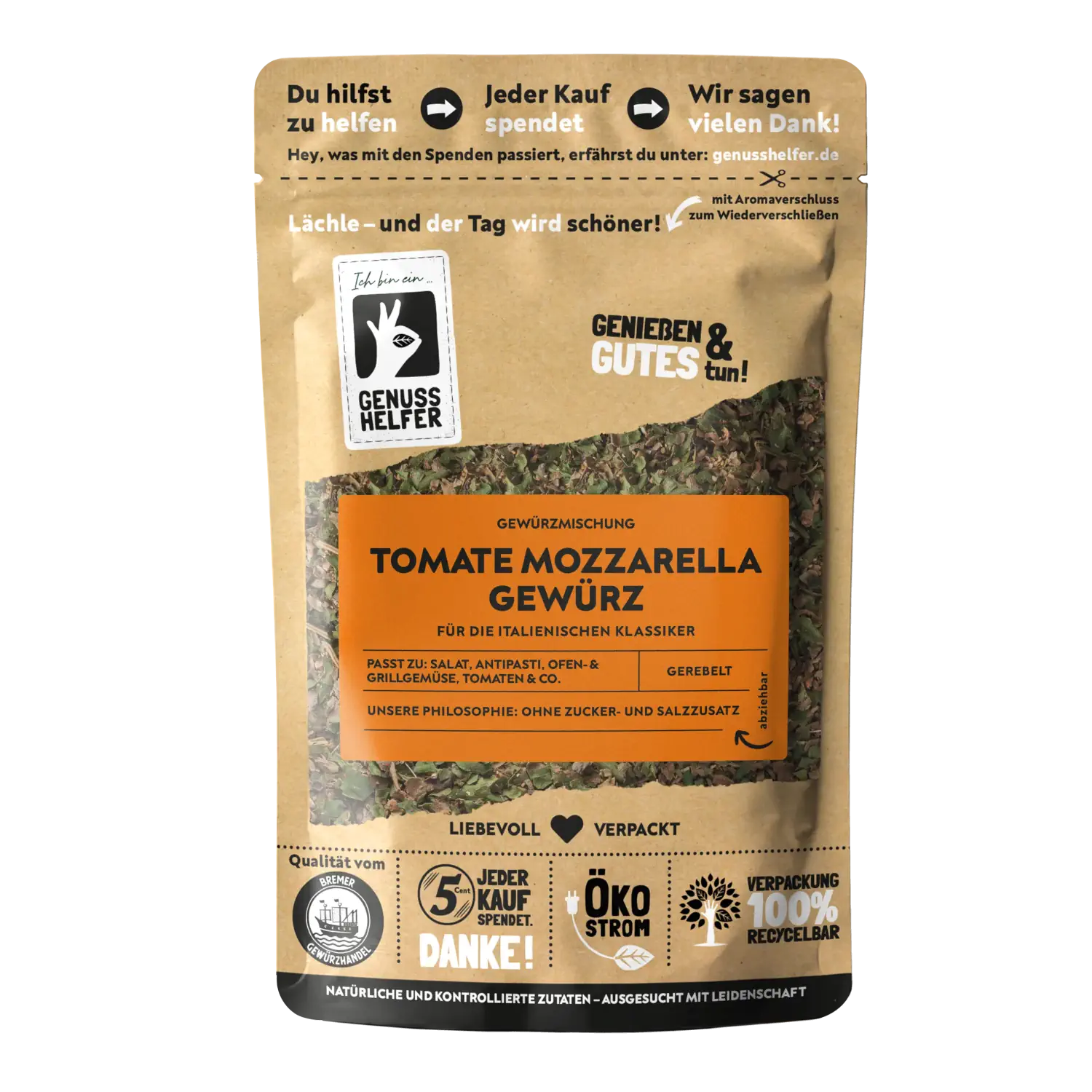 Vorderansicht eines Beutels mit Gewürzmischung Tomate-Mozzarella (gerebelt)