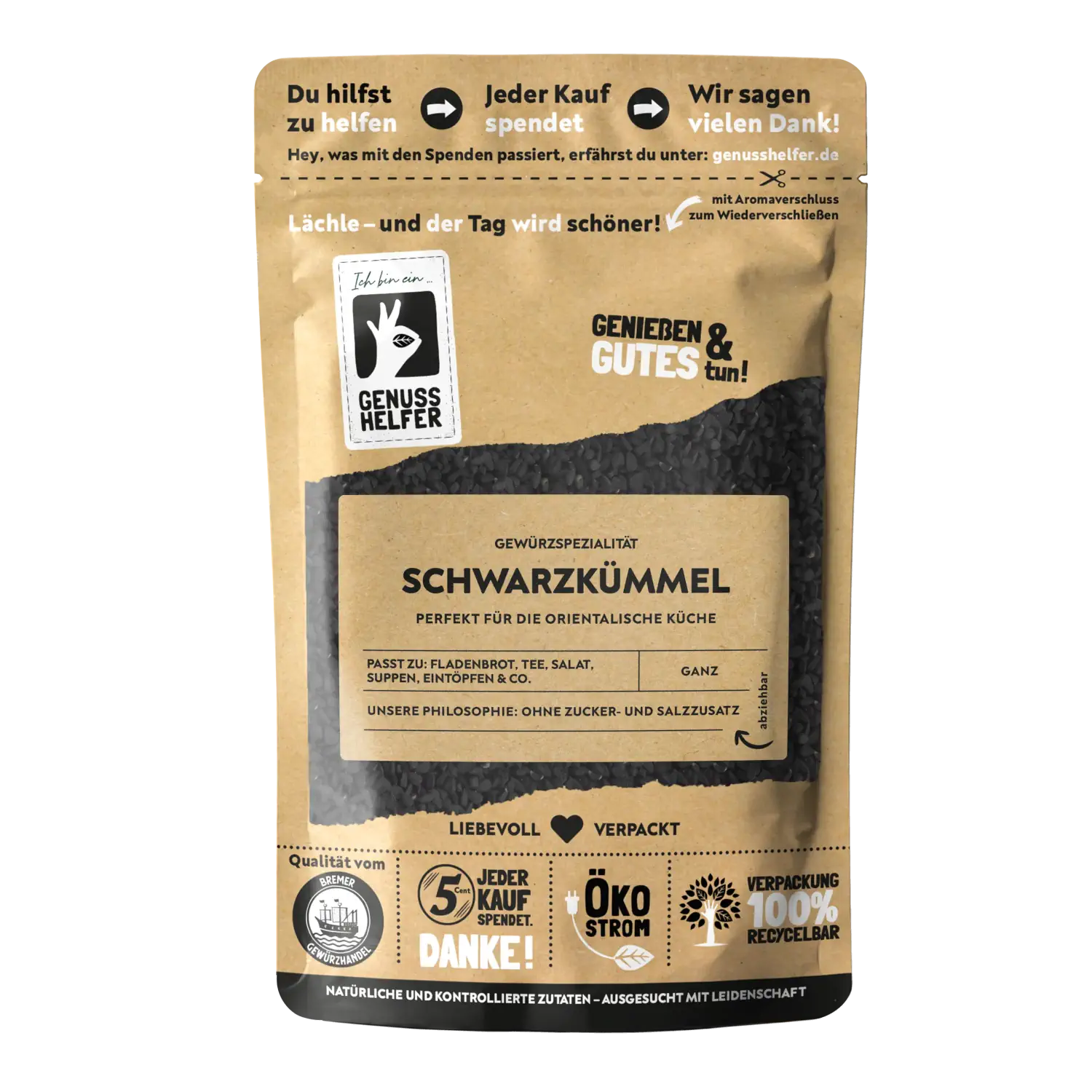 Schwarzkümmel, ganz Vorderansicht eines Beutels mit ganzem Schwarzkümmel