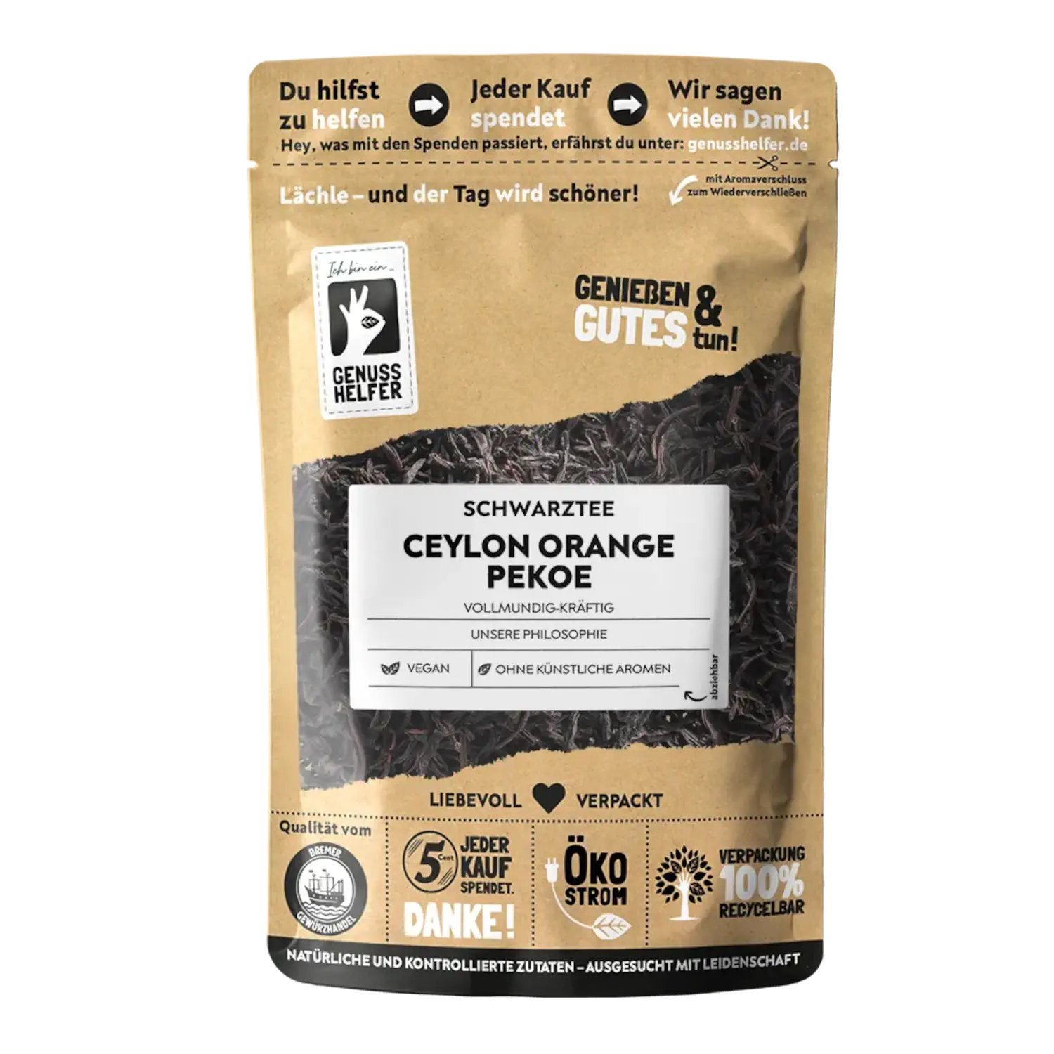 Ceylon Orange Pekoe, 5er Pack Vorderansicht eines Beutels mit Ceylon Orange Pekoe Schwarztee