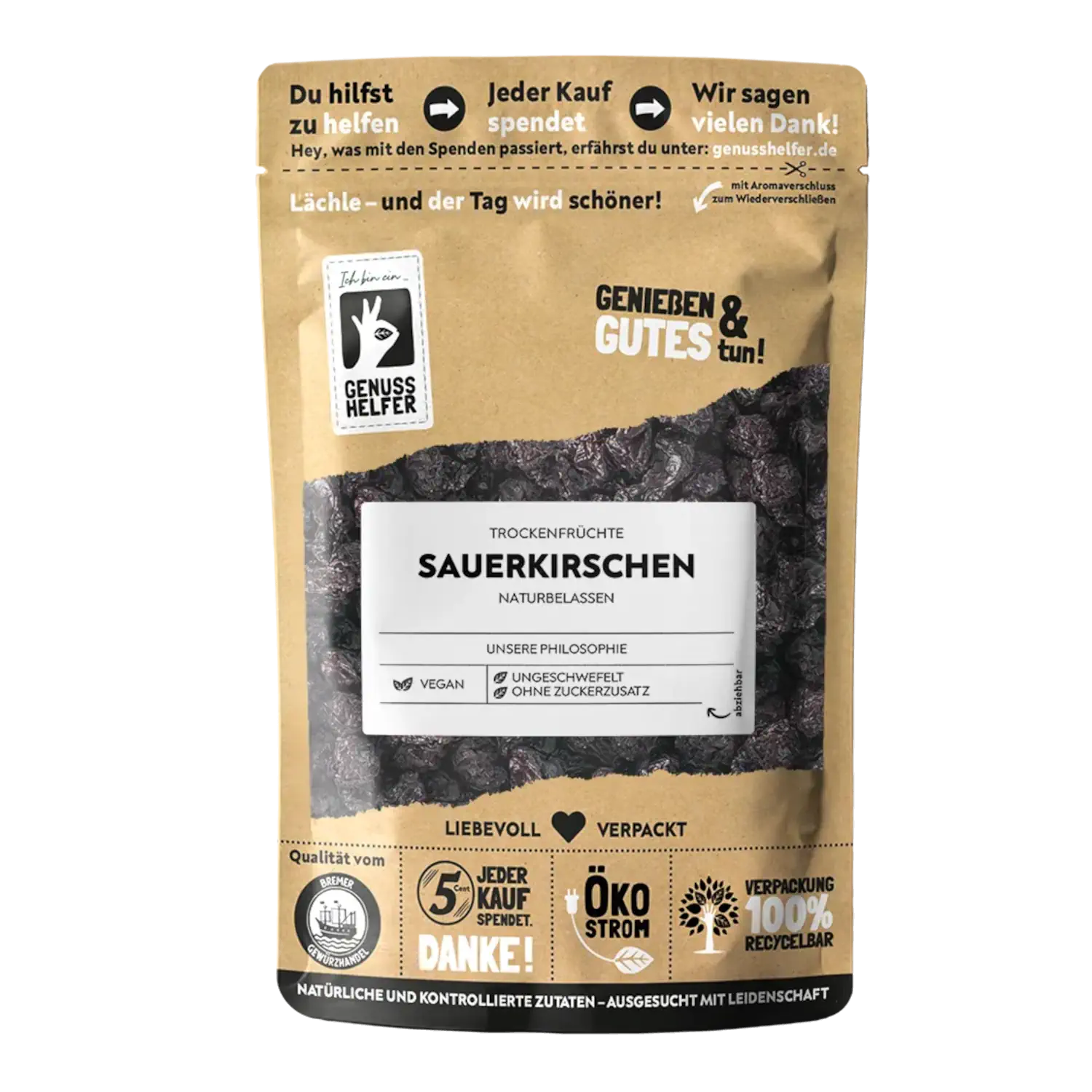 Sauerkirschen, getrocknet Vorderansicht eines Beutels mit getrockneten, entsteinten Sauerkirschen