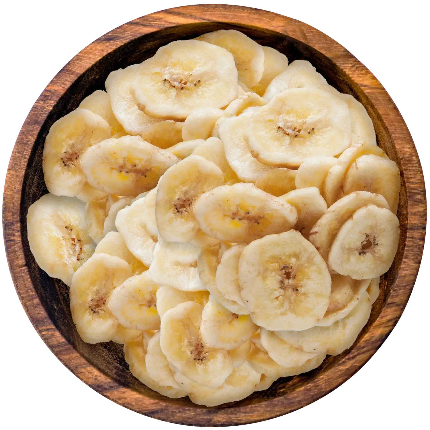 Gesüßte Bananenchips in einer Holzschale