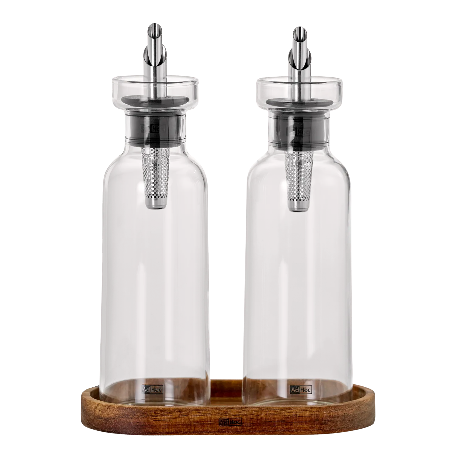 AdHoc Set Öl- & Essigspender AromaPour, 21 cm, Glas/Edelstahl/Akazienholz