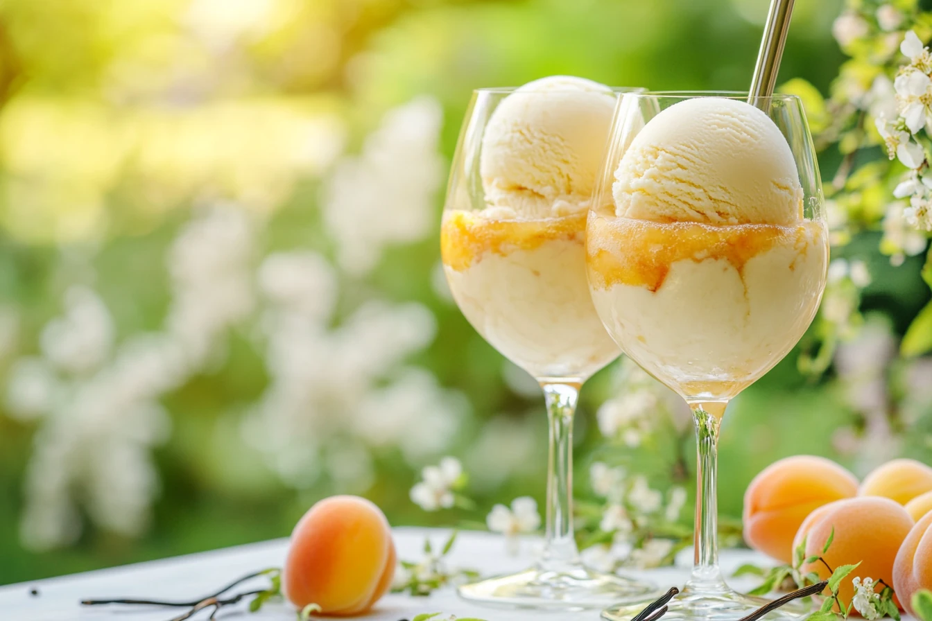 Schaumwein-Dessert mit Aprikosen-Vanille-Soße und Vanilleeis Schaumwein-Dessert mit Aprikosen-Vanille-Soße und Vanilleeis