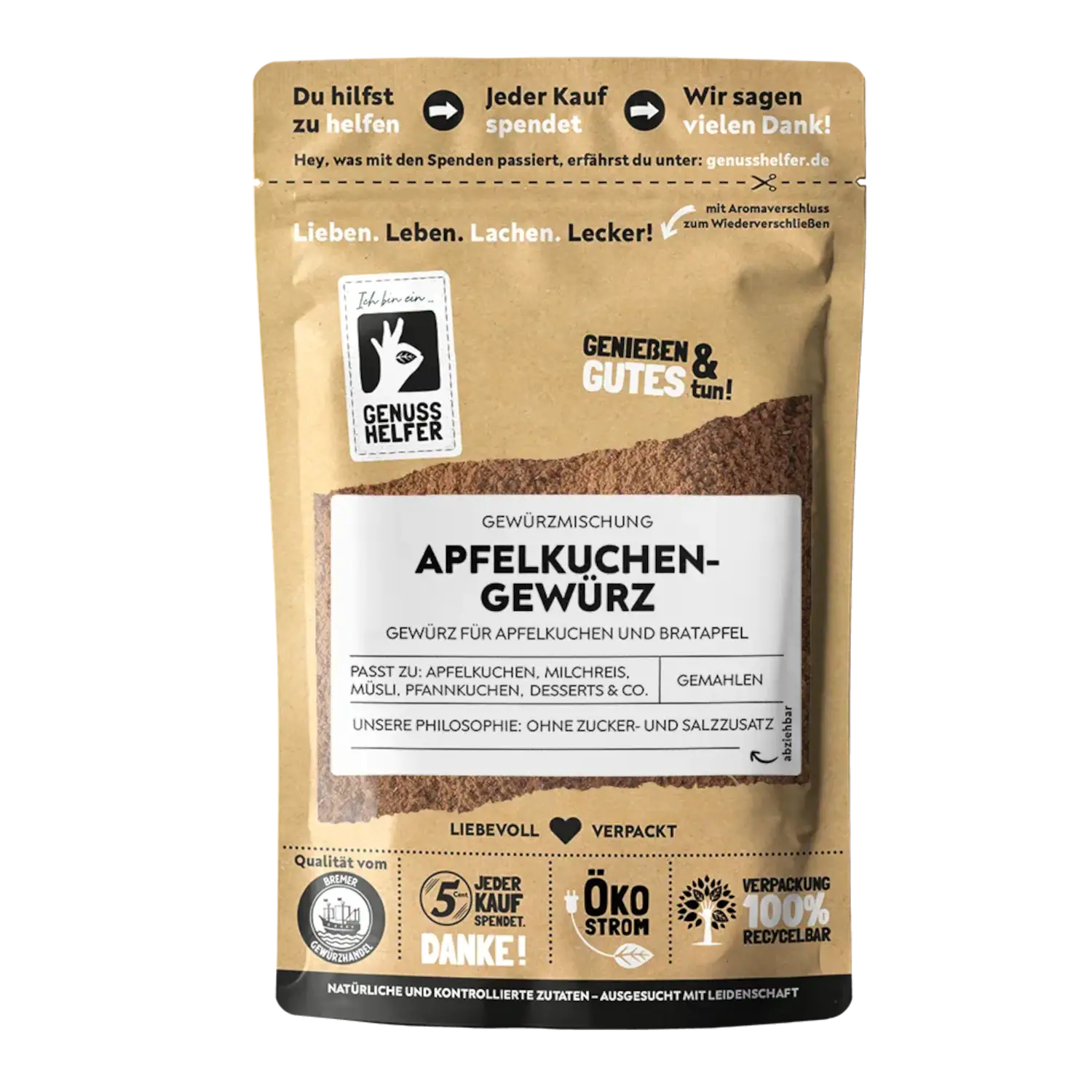 Apfelkuchen-Gewürz, gemahlen Vorderansicht eines Beutels mit gemahlener Apfelkuchen-Gewürzmischung
