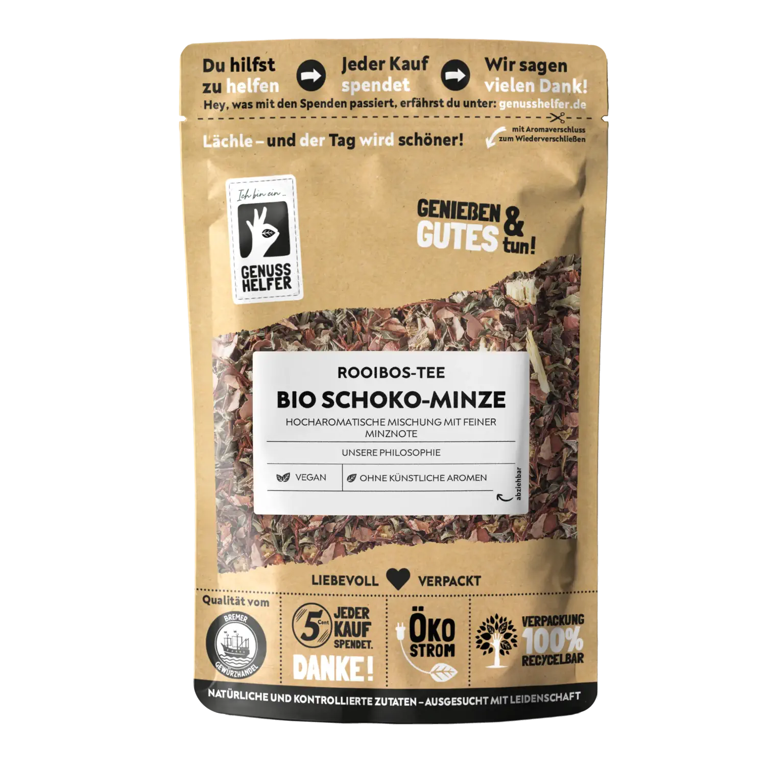 Rooibos Schoko Minze BIO Vorderansicht eines Beutels mit Rooibos-Tee Schoko-Minze