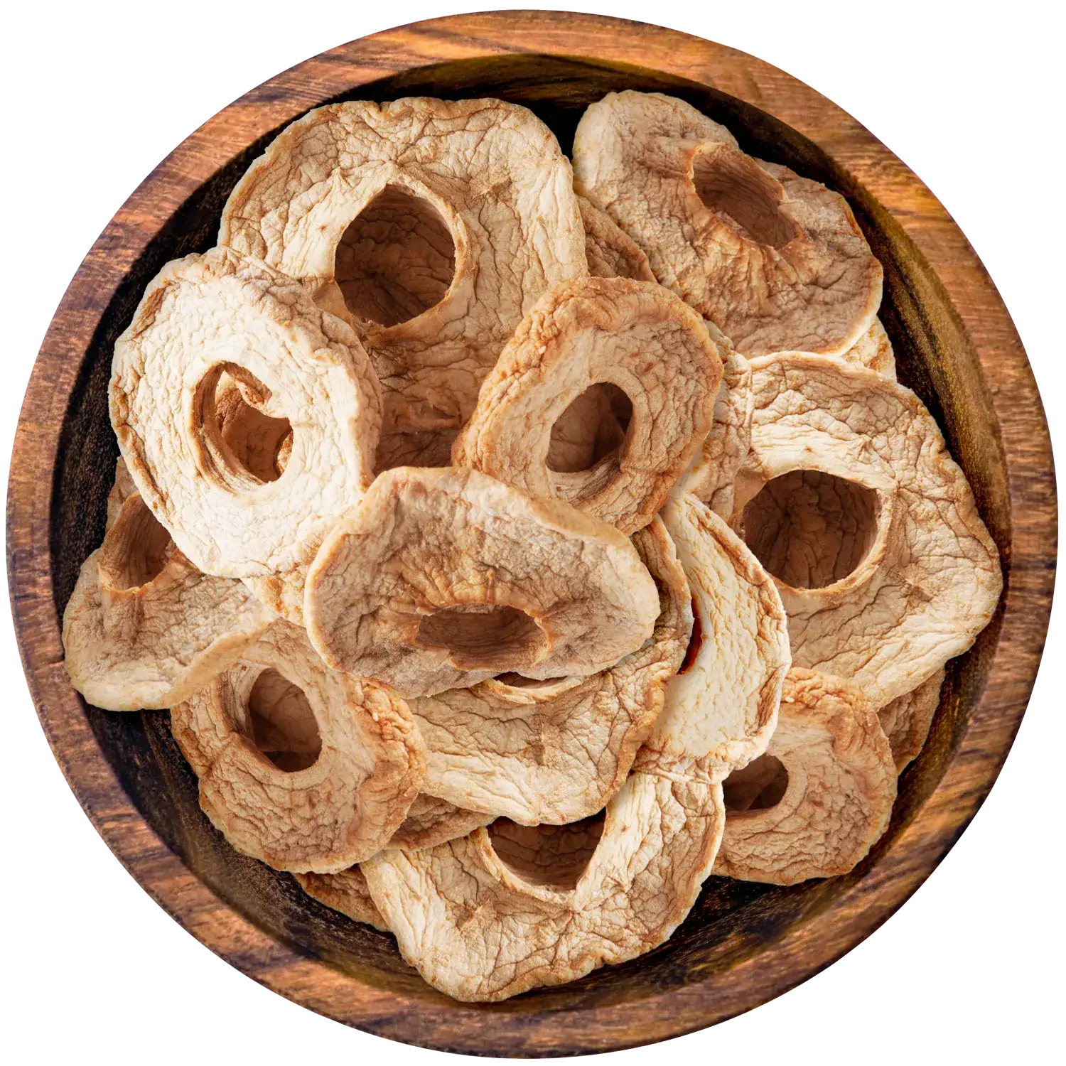 Apfelringe, getrocknet Getrocknete Apfelringe in einer Pappschale