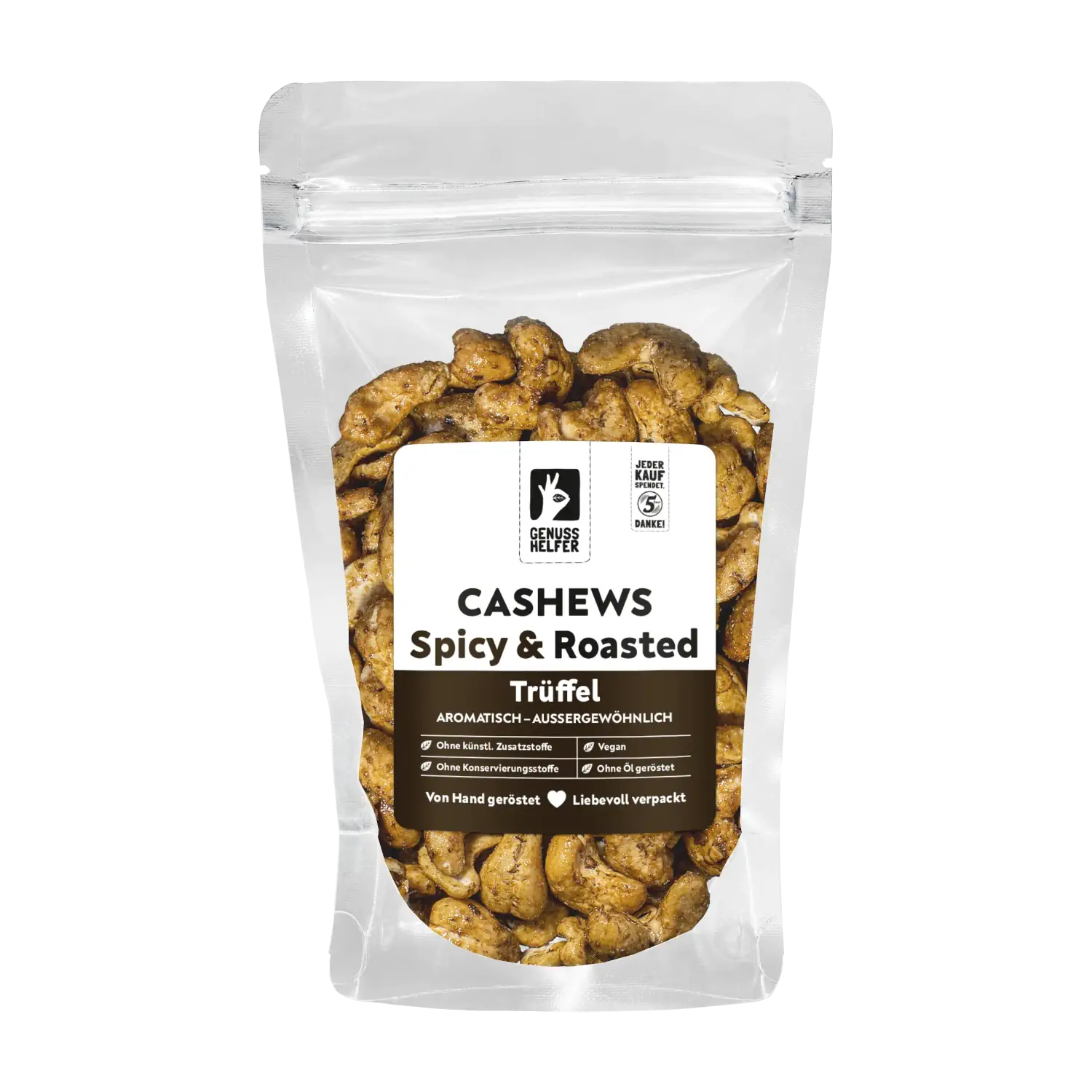 Cashews Trüffel, geröstet & gewürzt Vorderansicht eines Beutels mit Cashewkernen „Trüffel Spicy Roasted“