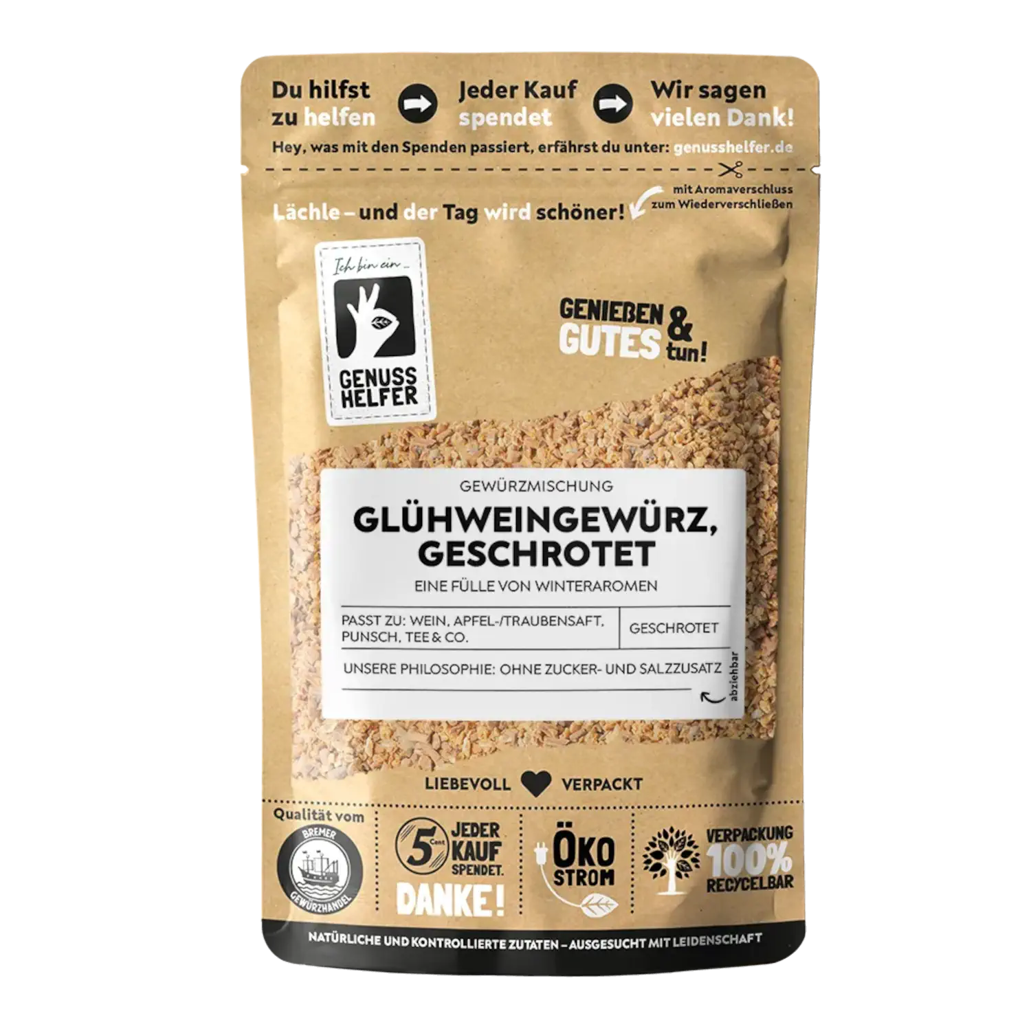 Glühweingewürz, geschrotet Vorderansicht eines Beutels mit geschrotetem Glühweingewürz