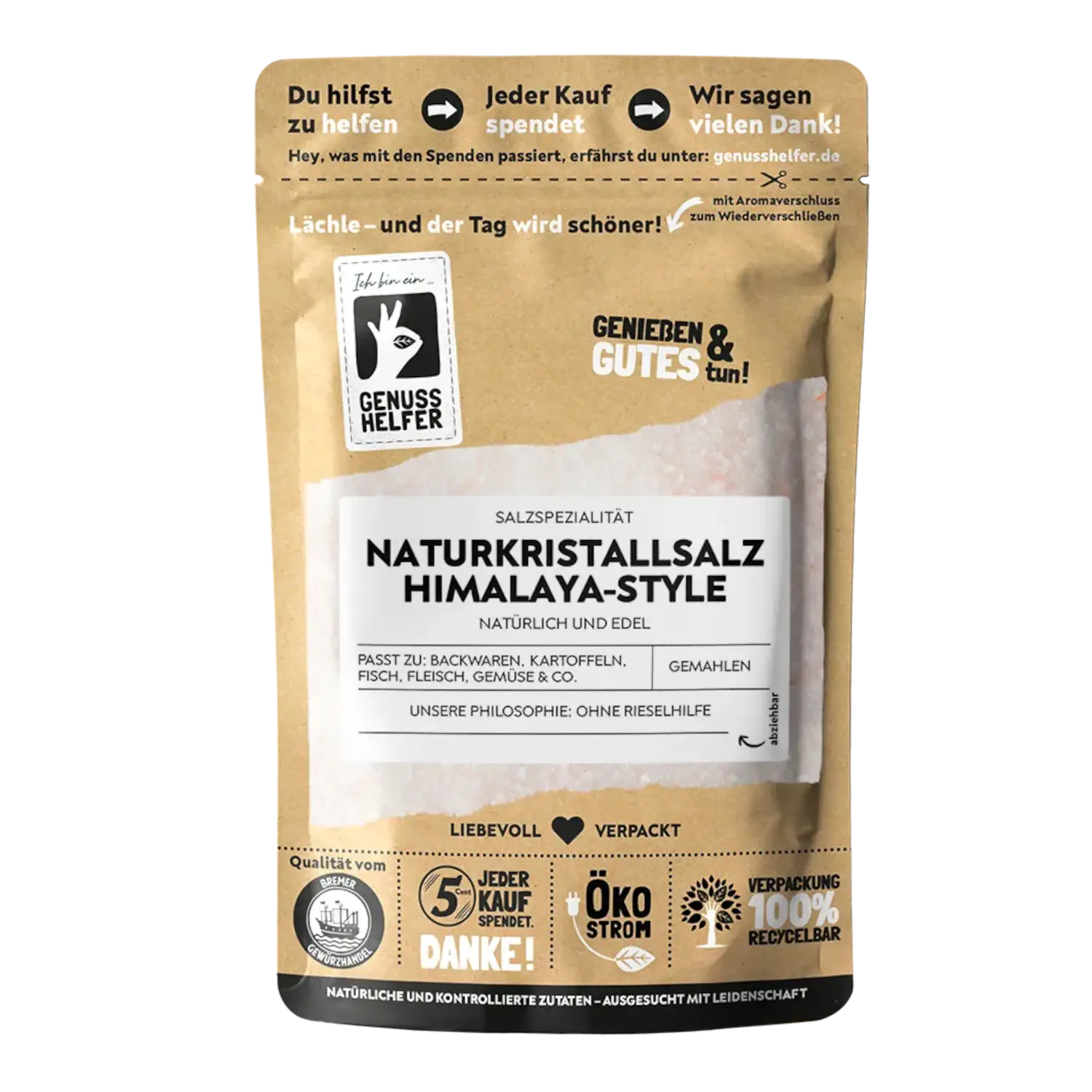 Naturkristallsalz Himalaya-Style, gemahlen Vorderansicht eines Beutels mit gemahlenem Naturkristallsalz im Himalaya-Stil