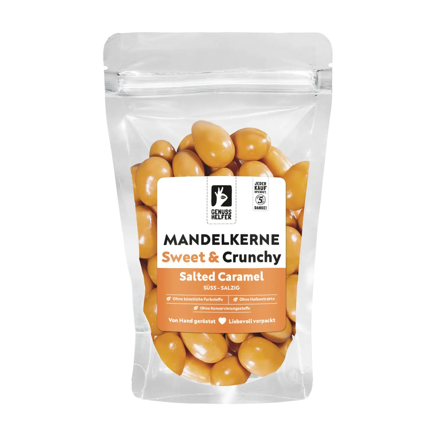 Mandeln Salted-Caramel Vorderansicht eines Beutels mit Mandelkernen „Sweet Crunchy Salted Caramel“