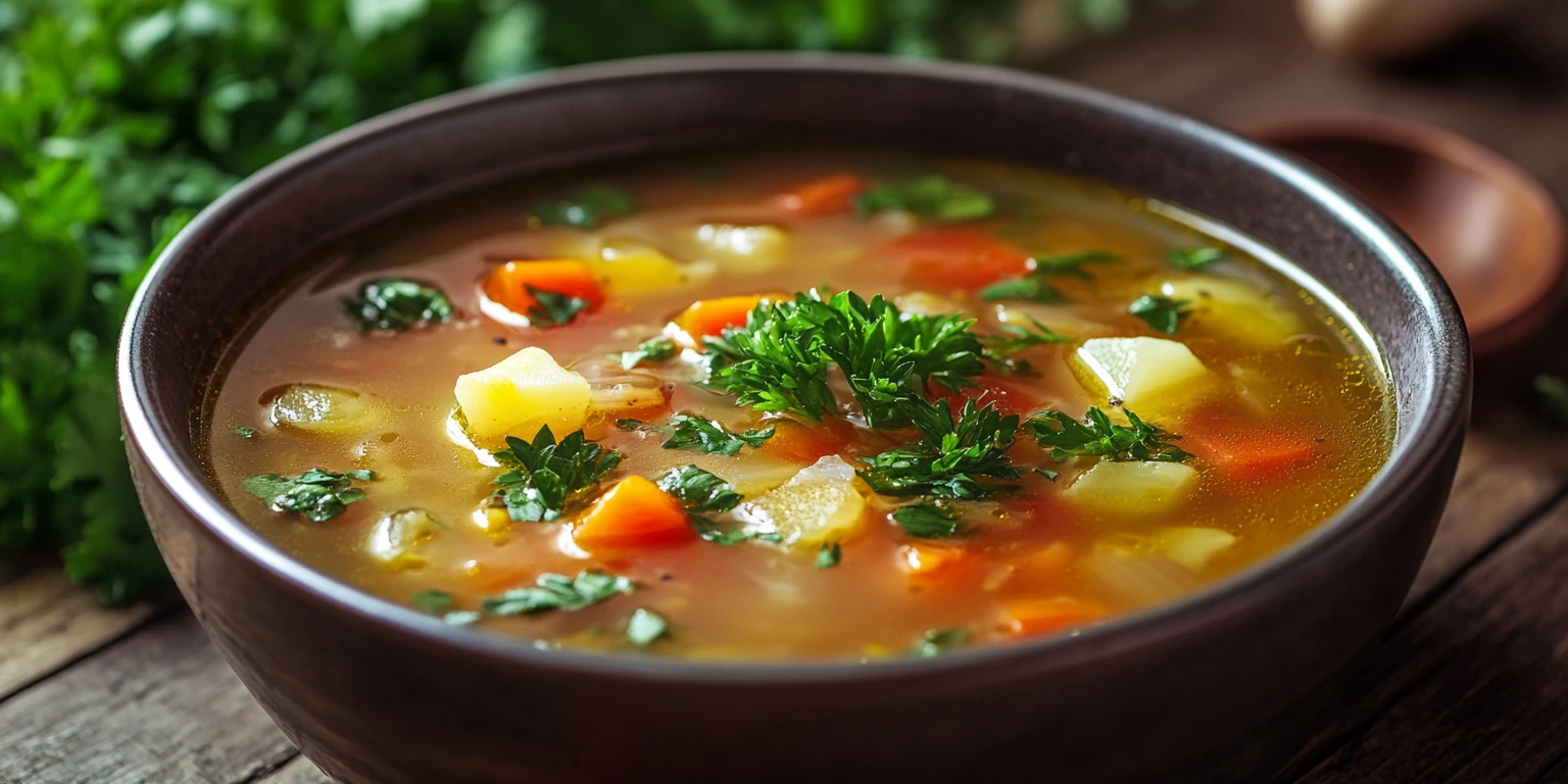 Suppe mit grobem Suppengrün verfeinert