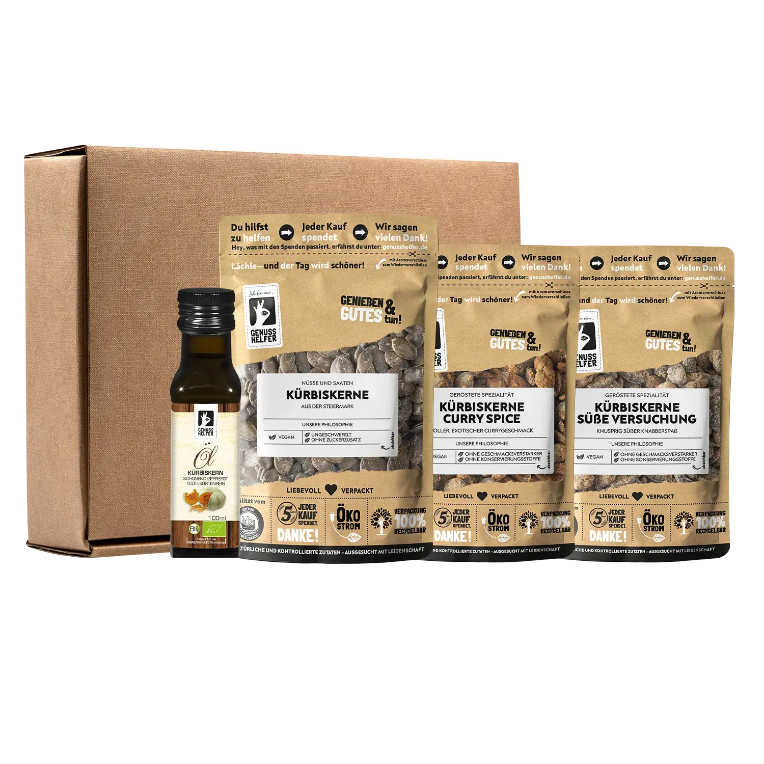 Genuss-Box - Kürbis, 4 Tlg. Ansicht der Kürbis-Genussbox mit verschiedenen Produkten und Verpackung