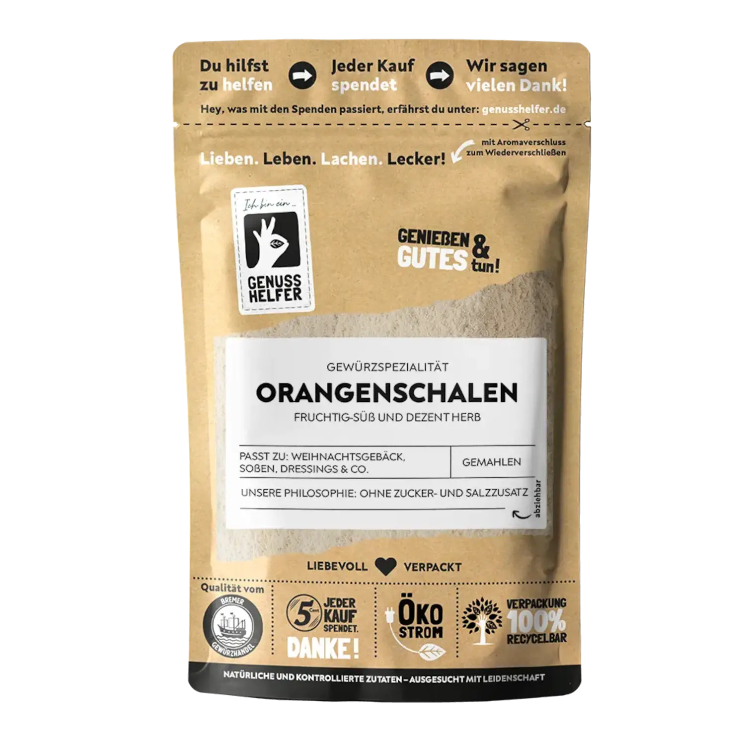Orangenschalen, gemahlen Vorderansicht eines Beutels mit gemahlenen Orangenschalen