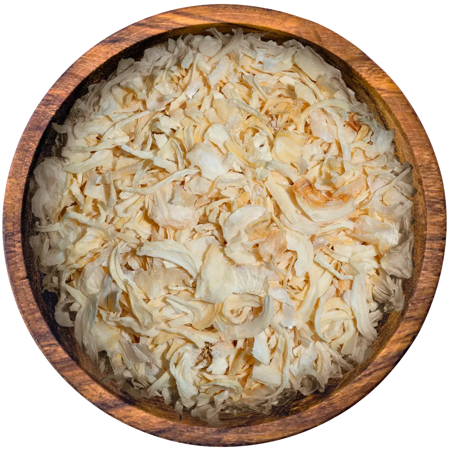 Zwiebeln getrocknet Gekibbelte Zwiebeln in einer Holzschale