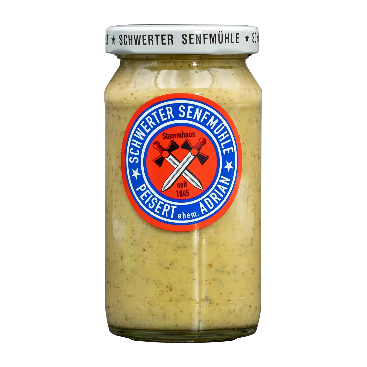 Honig Dill Senf Vorderansicht eines Glases Honig-Dill-Senf von der Schwerter Senfmühle